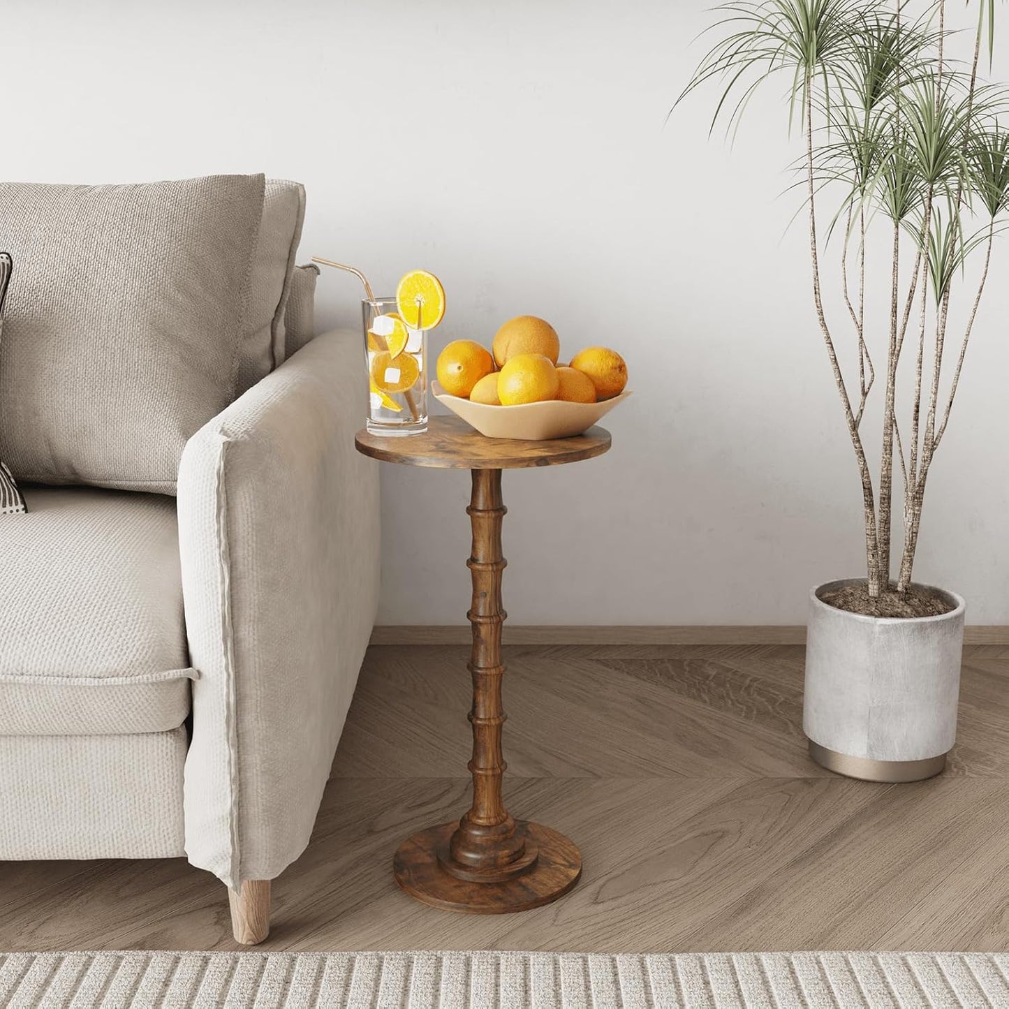 Round Side Table, Modern Drink Table for Small Spaces, Small End Table with Solid Wood Leg for Living Room, Bedroom, Corners, and Office (Rustic Brown)