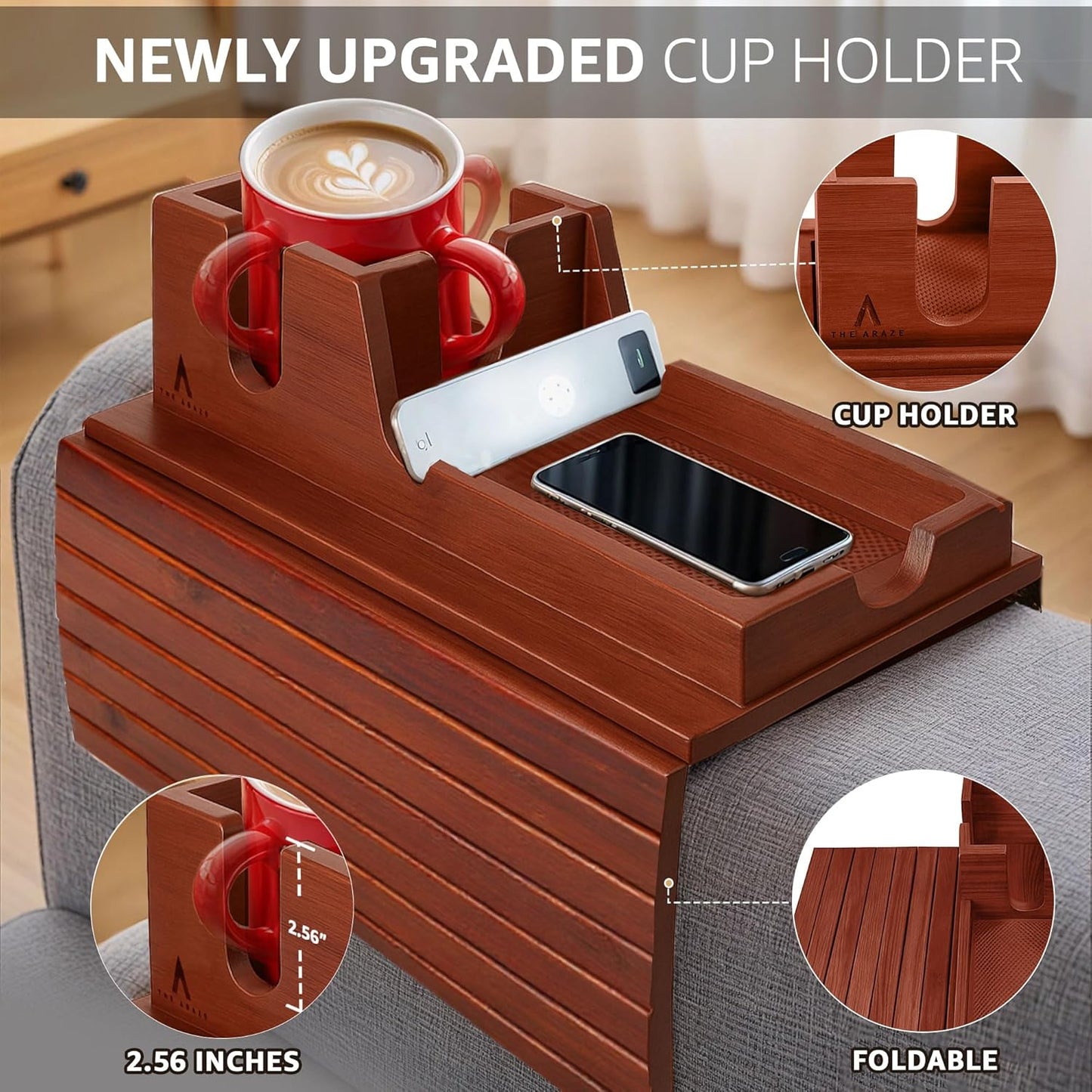 Brown Bamboo Couch Arm Tray with Non-Slip Mats, Slide-Away Upper Tray, Adjustable Fit for Various Sofa Armrests – Ideal for Snacks, Drinks, Remotes and Electronics (Brown)