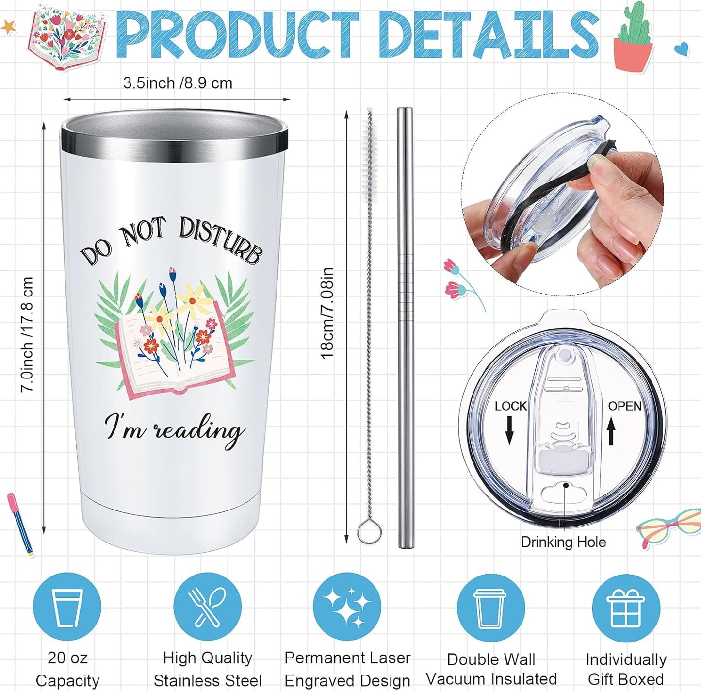 Rtteri 6 Pcs Book Lover Gifts for Women Bookish Gifts Tote Socks Tumbler Notebook for Reader Bookworm Librarians(Cute)