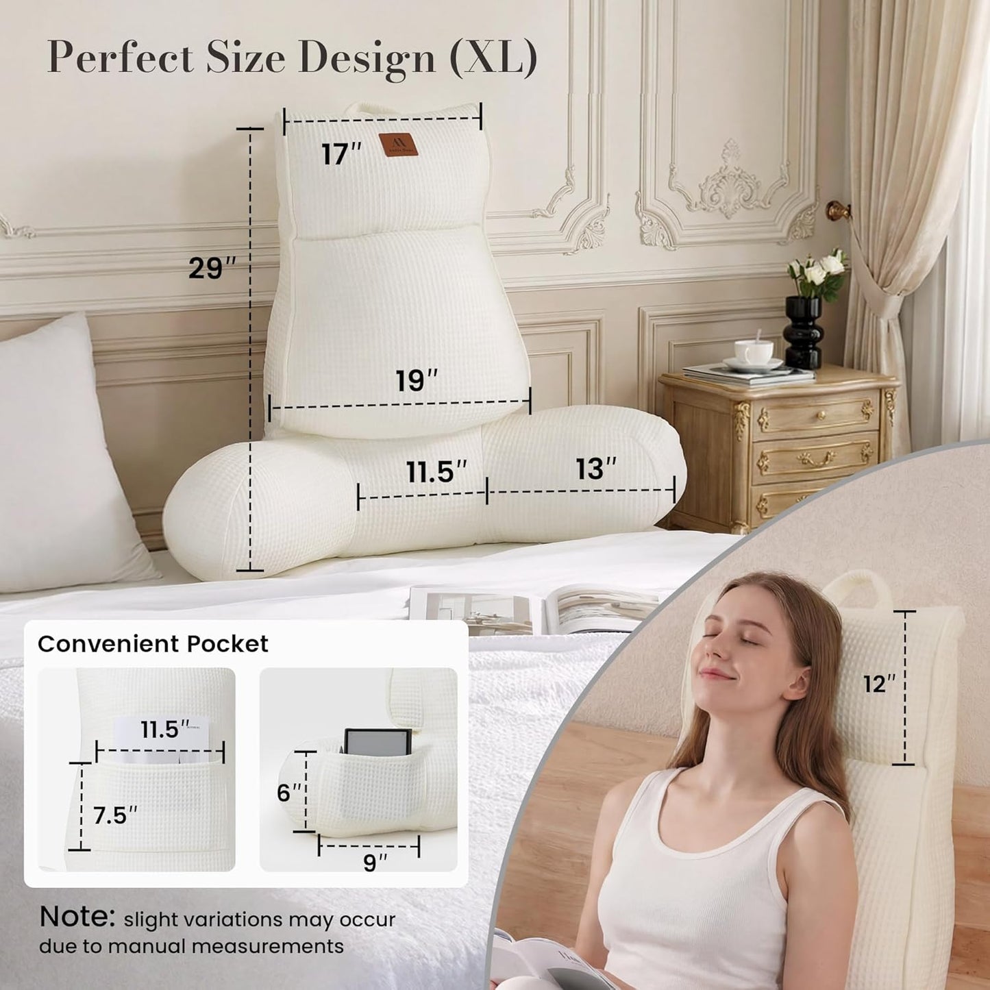 Amélie Home Premium Cooling Waffle Reading Pillow, Qmax>0.37 Ergonomic Backrest Support with Pocket & Handle, Breathable Lounging Pillow for Bed Sofa Floor Summer, 29 Inches, Ivory