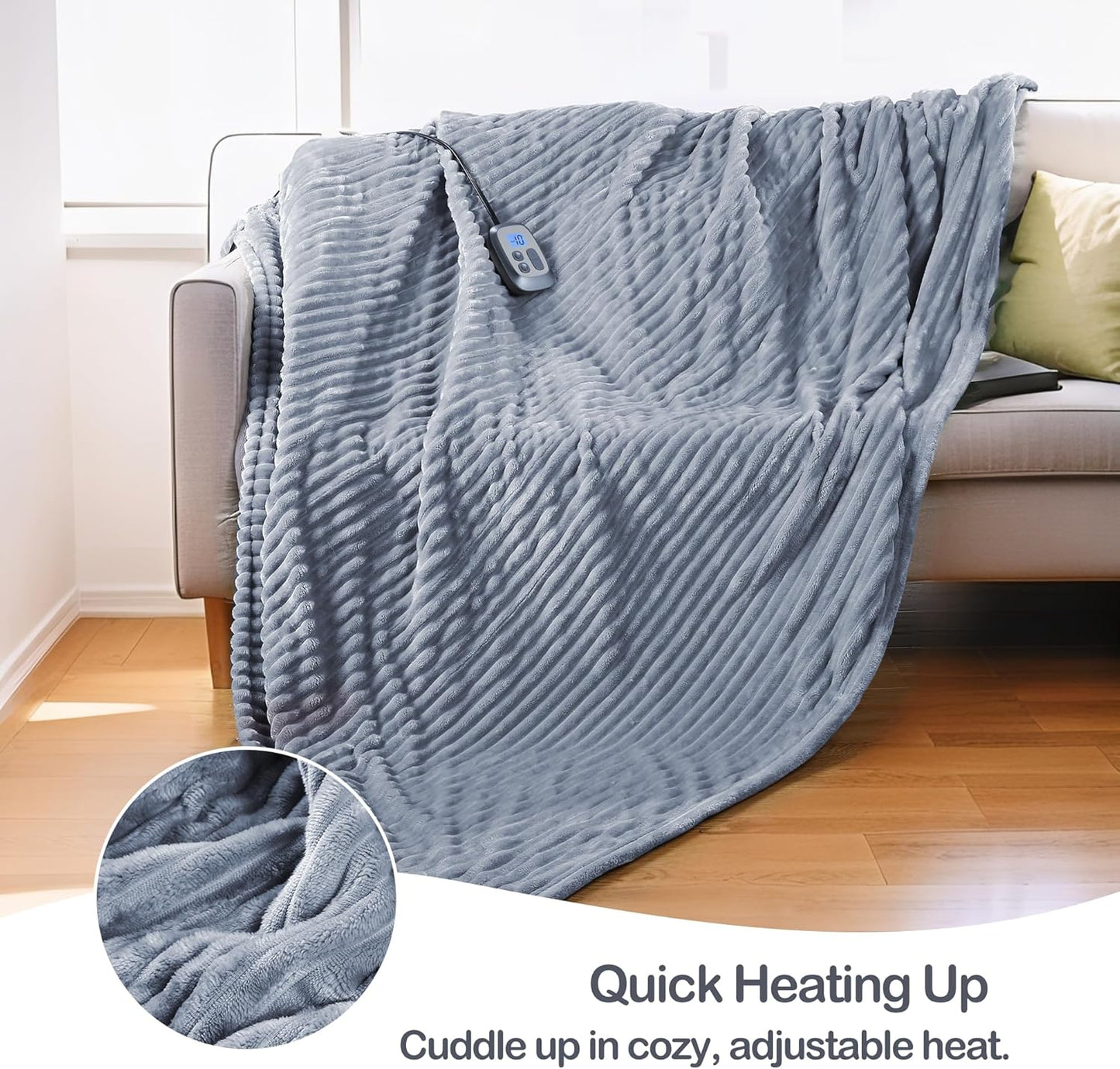 Electric Heated Blanket Full Size 72"x84",Fast Heating Throw, Soft Striped Flannel for Bed & Couch, 1-12 Hours Auto Off & 12 Heating Levels, Machine Washable, Gifts for Family-Light Gray