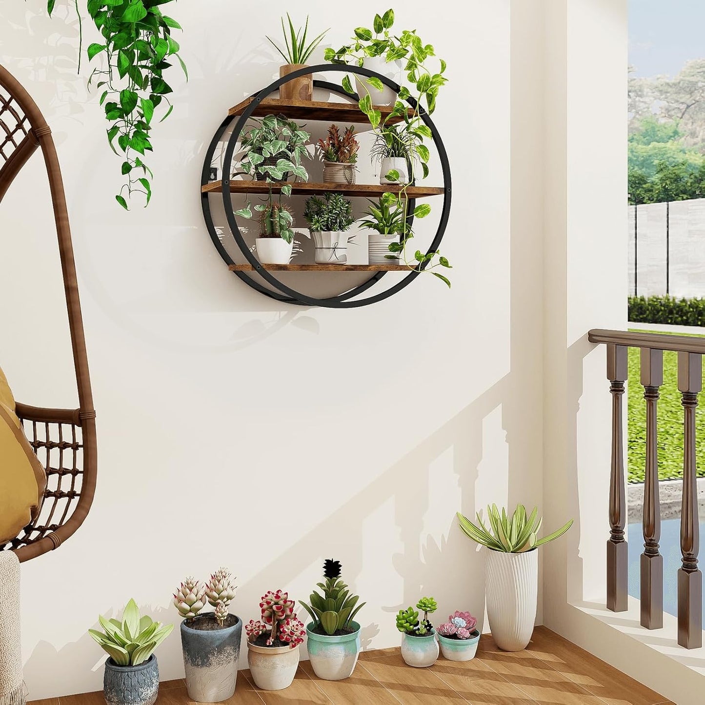 Floating Shelves, 3 Tier Decorative Geometric Circle Metal and Wood Wall Shelves, Bathroom Shelf Round Wall Decor, Rustic Brown