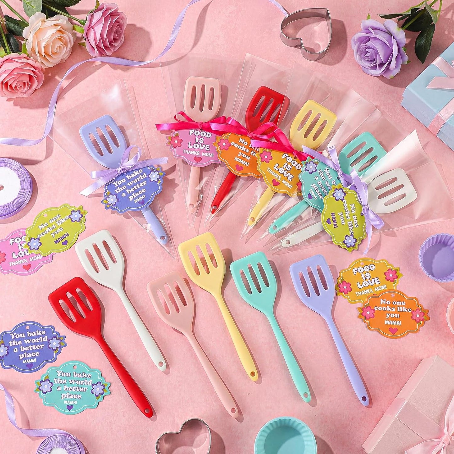 Honeydak 24 Sets Mother's Day Gifts 8.8 Inch Silicone Spatula Bulk Greeting Cards Bags and Ribbon Heat Resistant Rubber Spatulas for Cooking