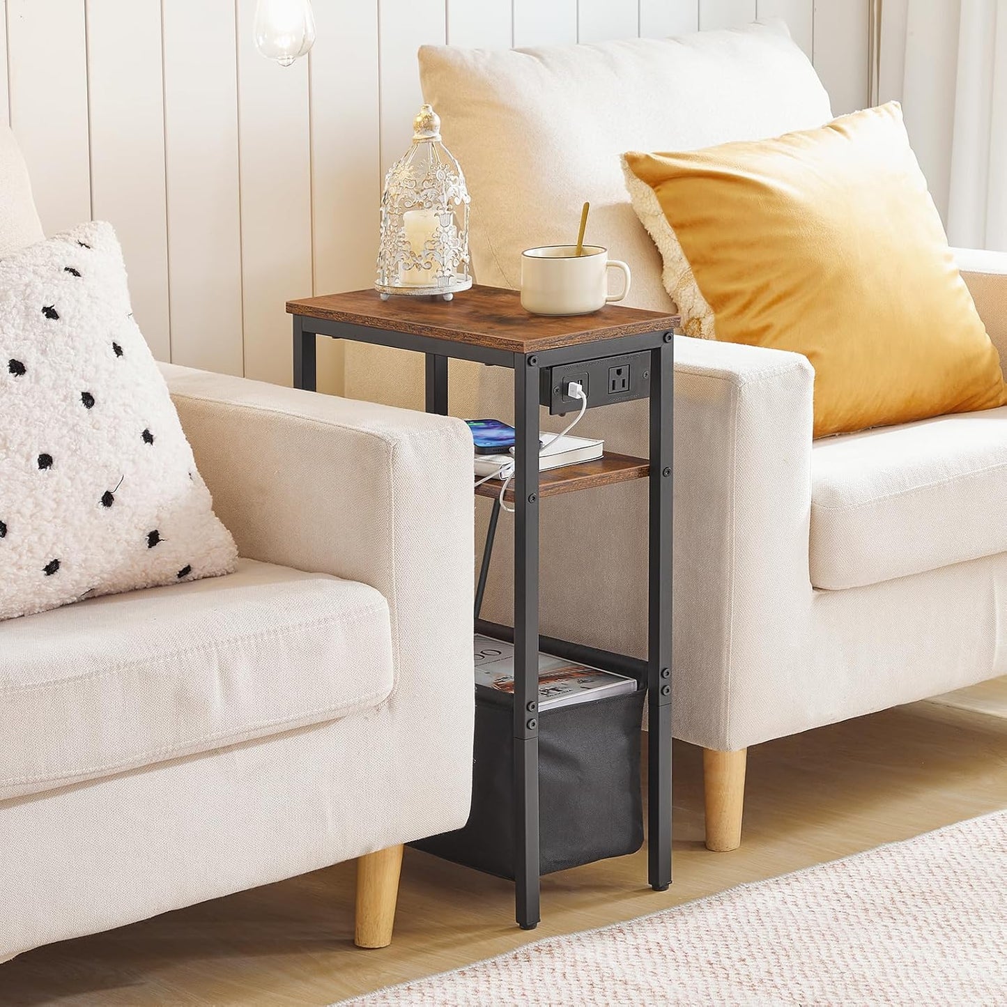 HOOBRO Small Narrow Side Table, Skinny End Table with Charging Station, Extra Slim Nightstand with Storage for Small Spaces, Thin End Table for Living Room, Rustic Brown and Black BF125UBZ01