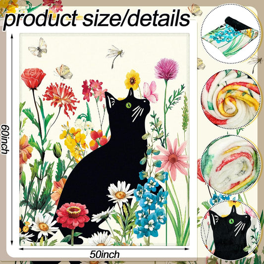 Shellwei Cute Black Cat Blanket for Bed Couch Sofa 60 x 50 Inch Floral Fluffy Gift Flannel Throw Watercolor Butterfly Flowers Garden Cat Throw Soft Blanket Home Decoration for All Seasons