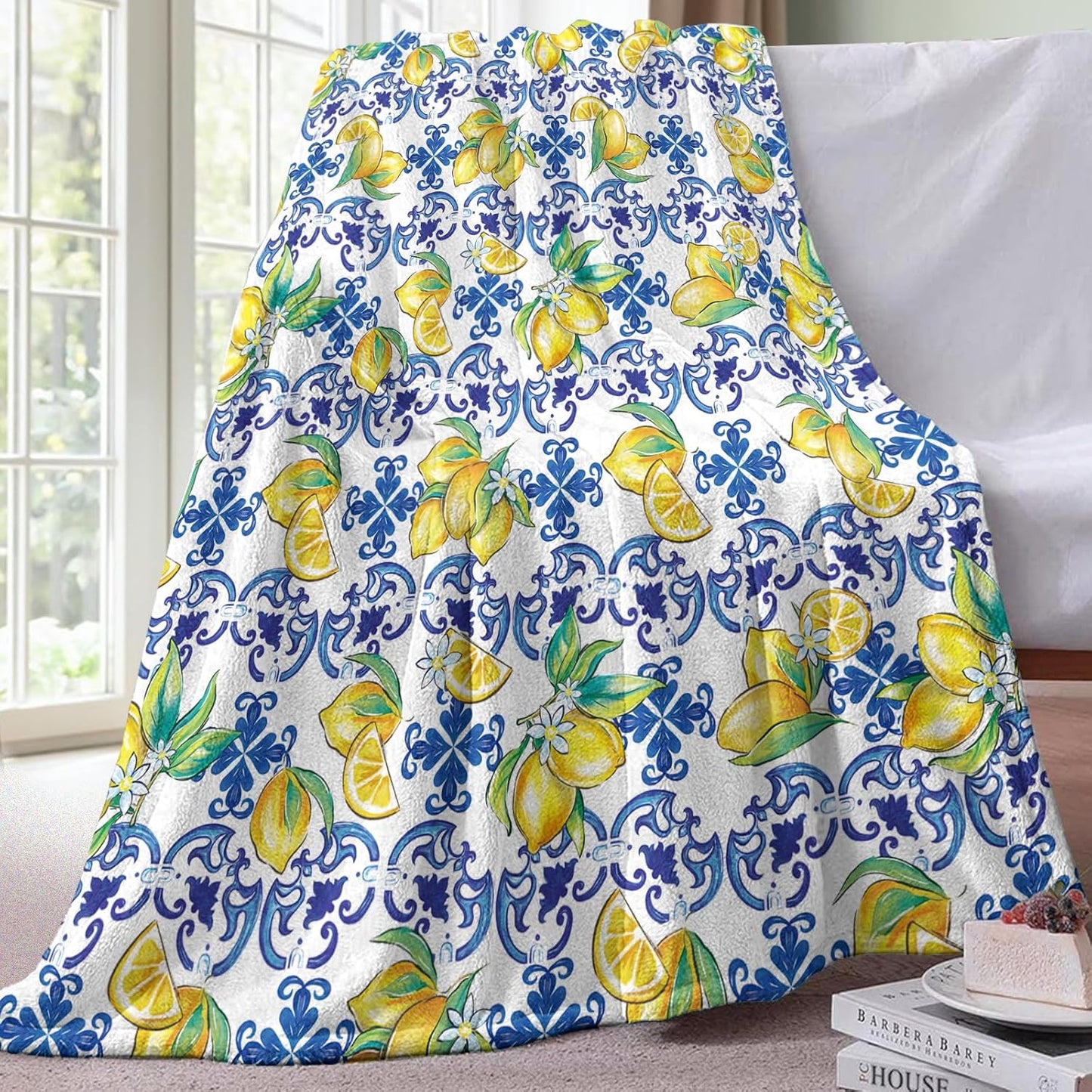 Blue Lemon Italy Flannel Throw Blanket, Amalfi Coast Capri Citrus Fruit Gifts for Kids Men Women, Summer Mediterranean Soft Blankets for Bedding Sofa 50" x 60"