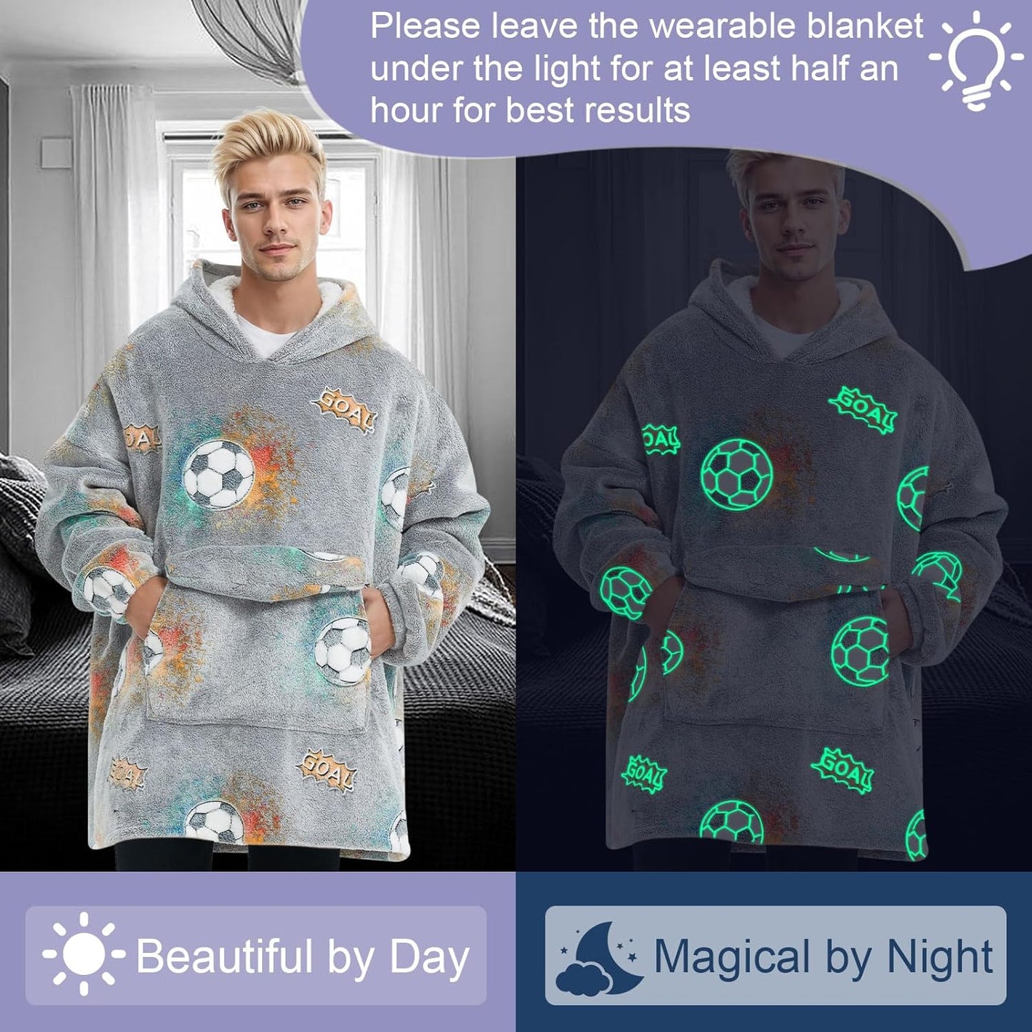 Fiosnow Glow in the Dark Football Blanket Hoodies for Women and Men Adult Oversize Wearable Blanket Hoodies for Soft and Warm