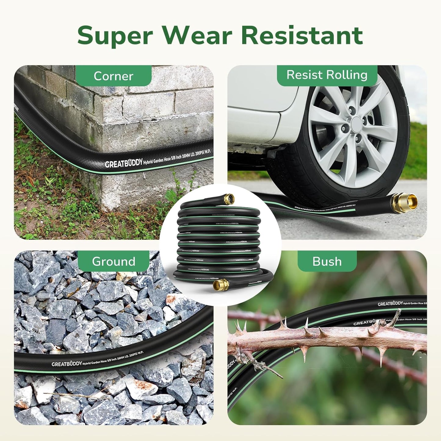 GreatBuddy 100 ft Garden Hose, 5/8" Water Hose 100ft Heavy Duty, Flexible, Lightweight Hybrid Hose, Burst 600 PSI with Solid Brass Male to Female Fittings Leakproof Hose for Backyard, Garden