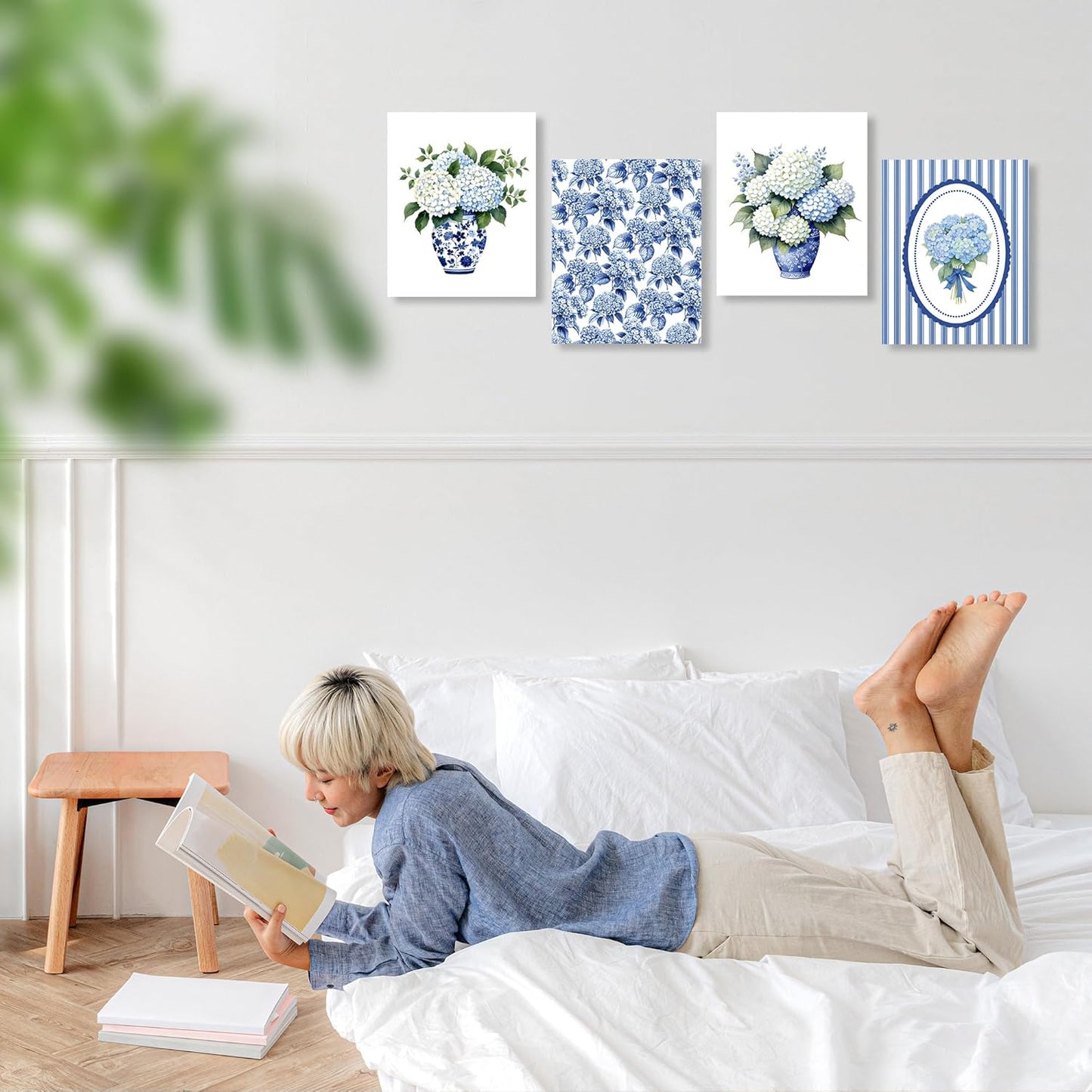 LUKIPOM Chinoiserie Hydrangea Floral Wall Art Posters Set of 4, Grandmillennial Home Decor, Blue and White Porcelain Hydrangea Flower Canvas Prints Artwork Wall Decor, 8x10 Unframed