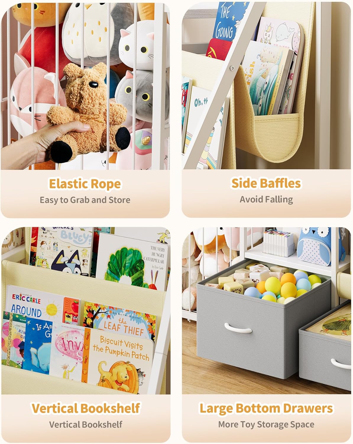 Kids Bookshelf and Toy Storage, Large 3 Tier Book Shelf for Kids Rooms, Sling Baby Bookcase with Stuffed Animal Storage, Toddler Montessori Bookshelf for Nursery, Playroom, Kindergarten