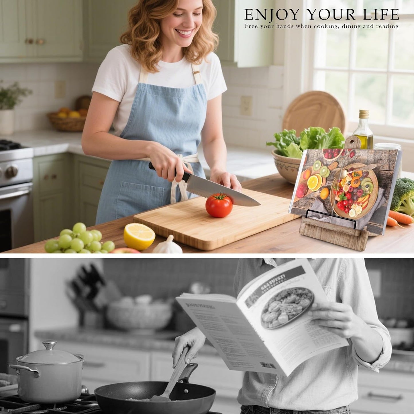 Cookbook Stand Recipe Book Holder: Cookbook Stand for Kitchen Counter, Adjustable iPad Tablet Recipe Book Holder, Rustic Wood Cutting Board Style, Gift for Women