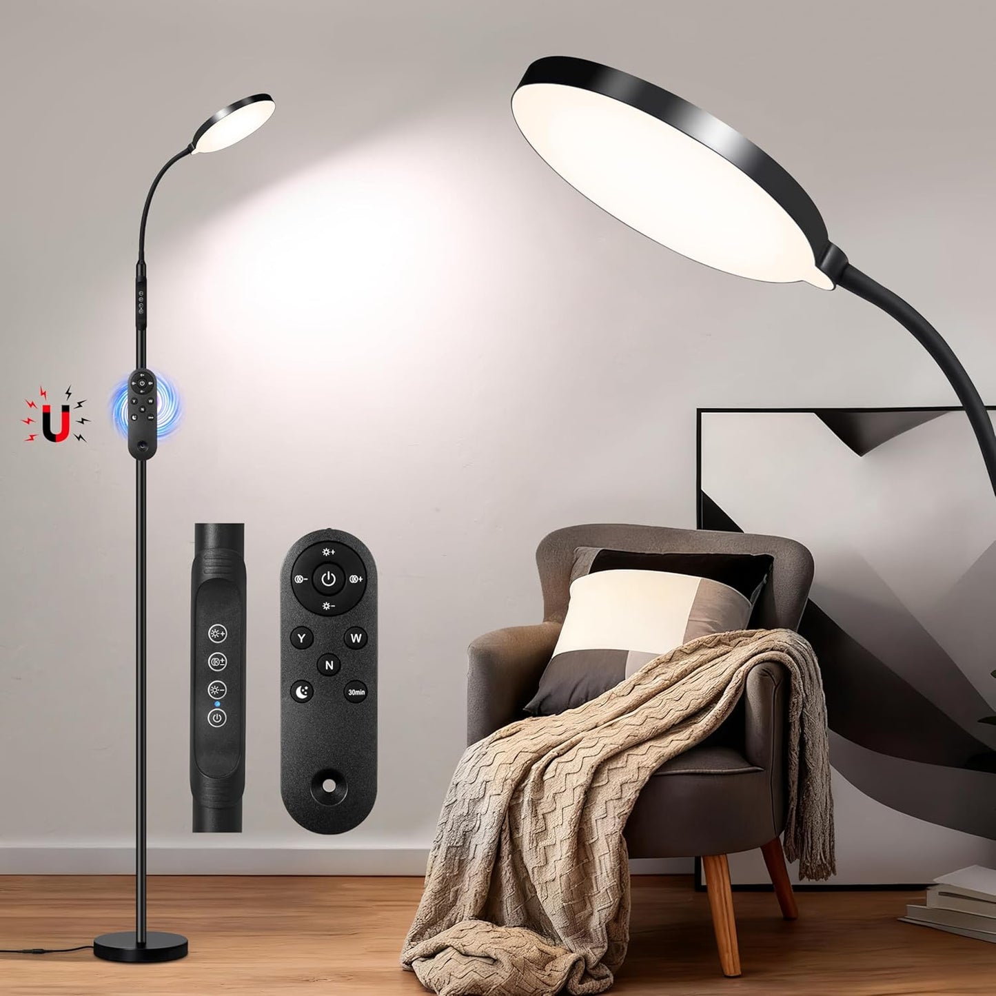 Eye-Caring Full Spectrum LED Floor Lamp, Magnetic Remote & Pole Control, Adjustable Gooseneck Dimmable 3000K-6500K, Stable Base for Living Room Bedroom Office Reading, Black