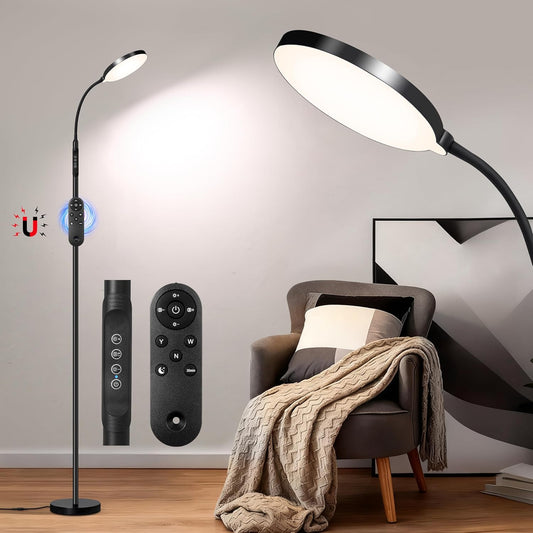 Eye-Caring Full Spectrum LED Floor Lamp, Magnetic Remote & Pole Control, Adjustable Gooseneck Dimmable 3000K-6500K, Stable Base for Living Room Bedroom Office Reading, Black