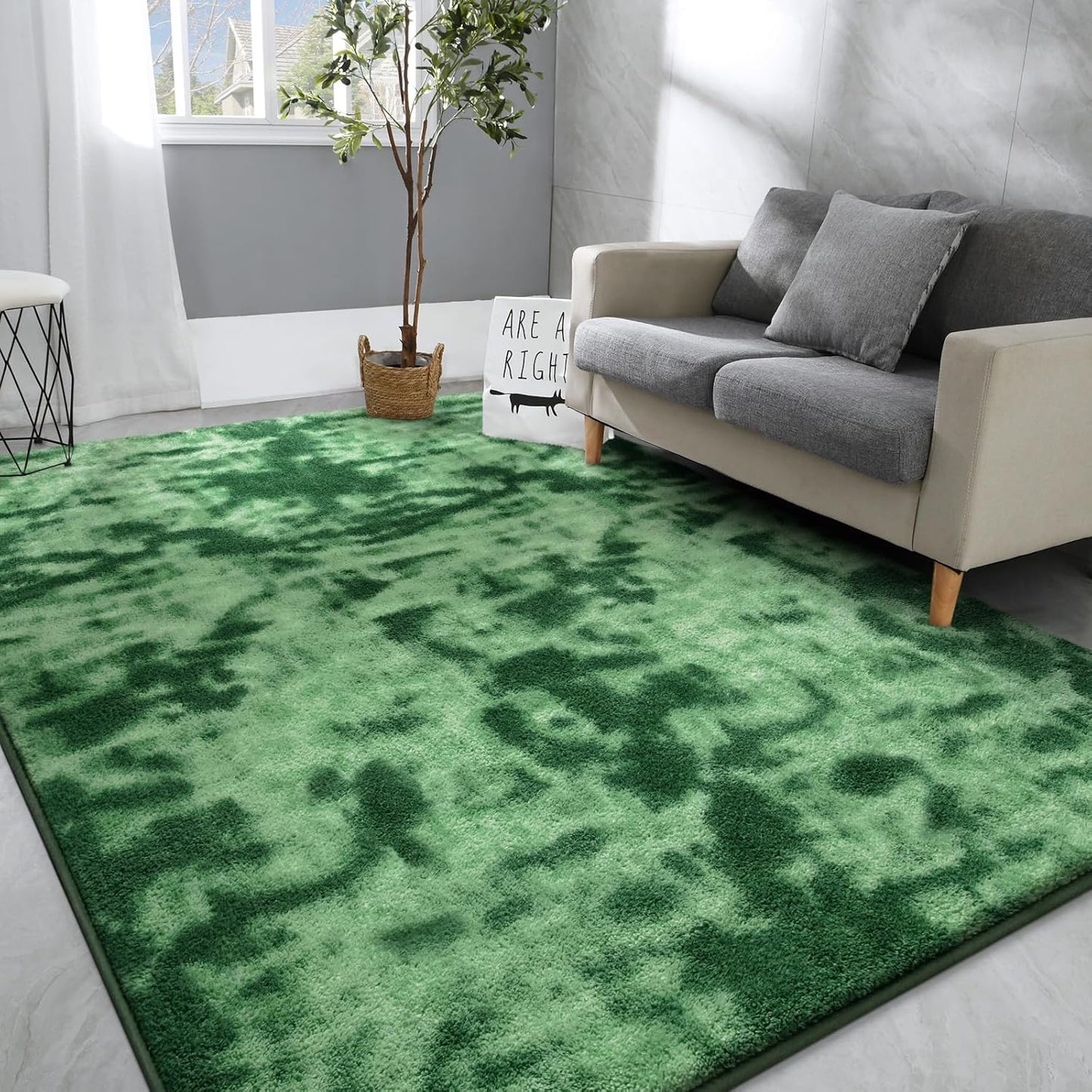 Hutha Large Area Rug, 7x10 Tie-Dyed Green Fluffy Shag Rugs for Living Room Bedroom, Modern Aesthetic Super Soft Anti-Skid Indoor Carpet for Nursery Kids Room Home Decor