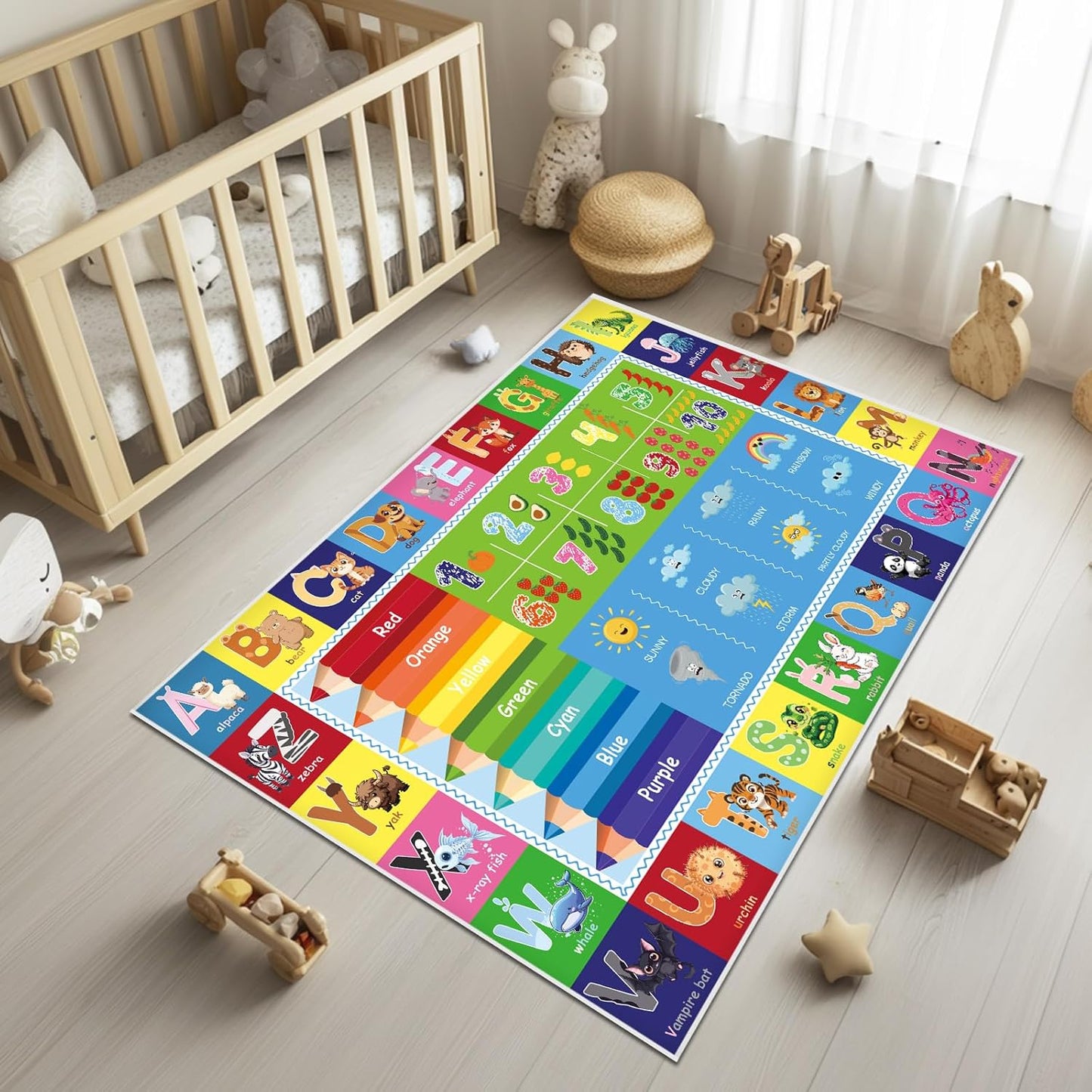 Baby Play Mat, ABC Rug for Kids Playroom, Non Slip Washable Toddler Floor Mat, Alphabet Numbers Colors Weather Learning Classroom Rug for Nursery or Preschool, 5x7 ft