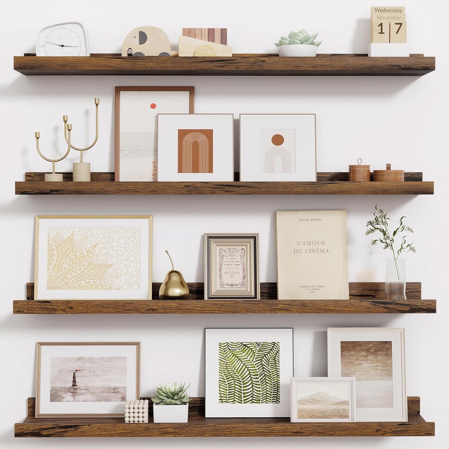 Fun Memories Picture Ledge Shelf - 30 Inches Floating Shelves Set of 4 - Floating Shelves with Lip for Storage - Wood Bookshelf Wall Mounted for Bedroom - Living Room - Kitchen - Rustic Brown