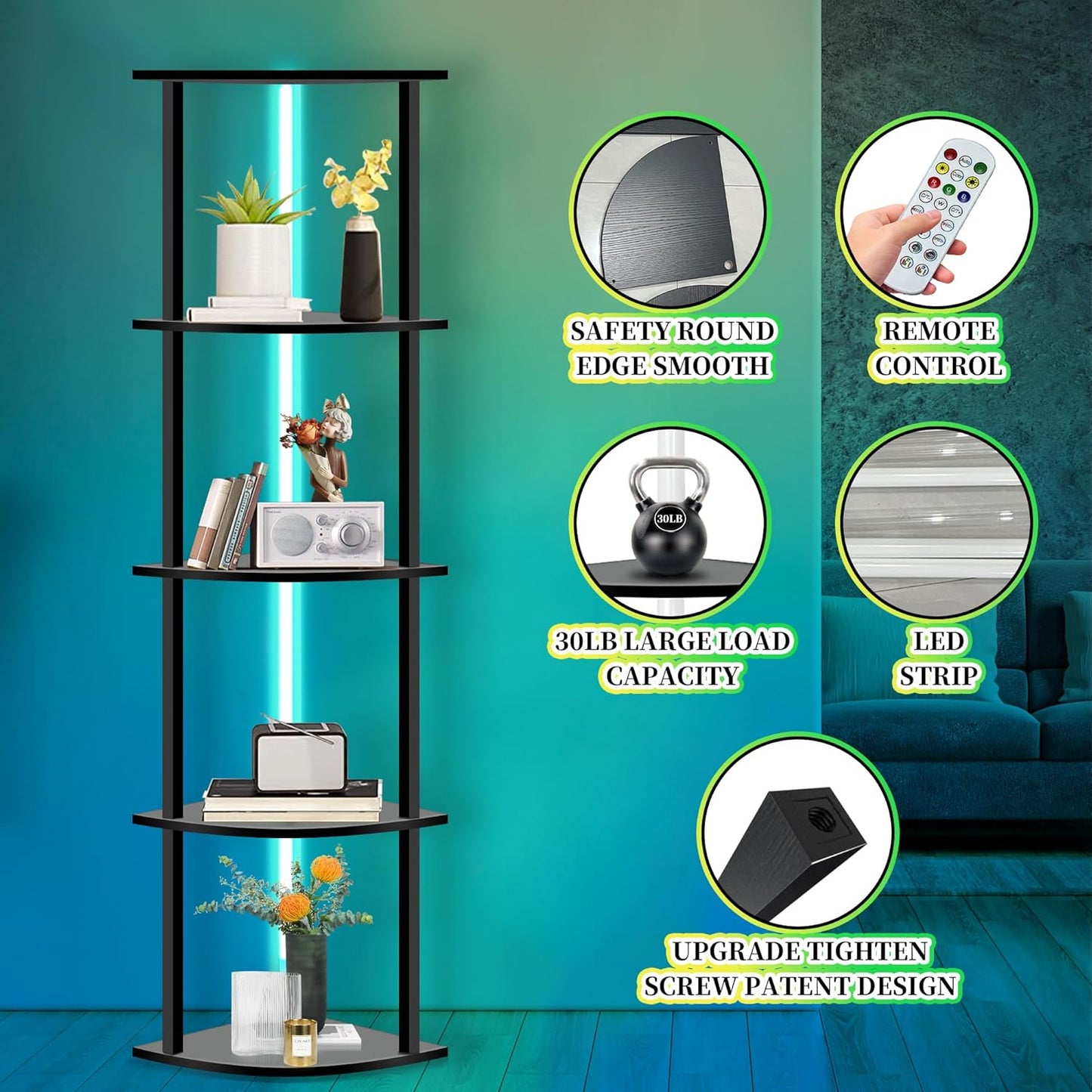 5 Tiers LED Corner Shelf ,65" Stand Floor Lamps for Collectibles , Corner Bookshelf Cabinet Display Shelves with Multiple Color Lights via APP and Remote Control for Living Room Bedroom Home