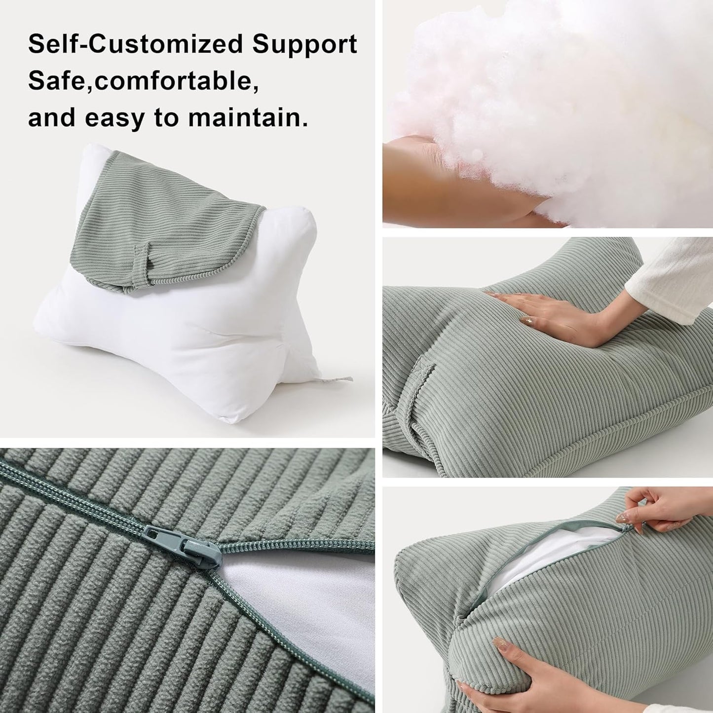 Corduroy Lumbar Support Back Pillow for Sitting Up & Reading, Ergonomic Triangle Back Support Cushion for Sofa, Armchair & Bed, Removable Washable Cover, Grey Green
