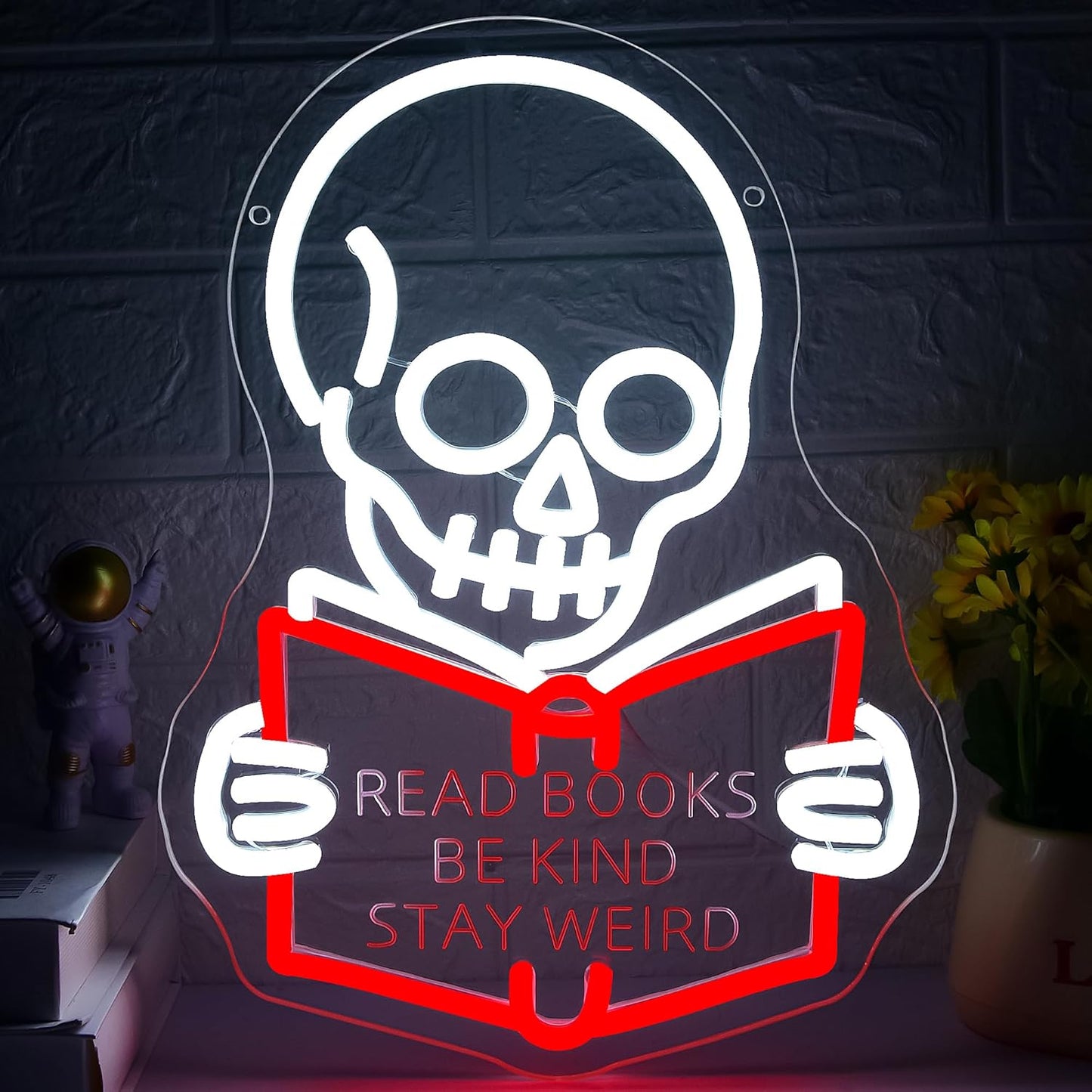 Read Books Be Kind Stay Weird Neon Sign for Wall Decor Dimmable Skull Read Books Neon Light for Bedroom Classroom Study Room Reading Room Bookstore Decor Birthday Gifts Size 13.7 * 10.3In(TWP237)