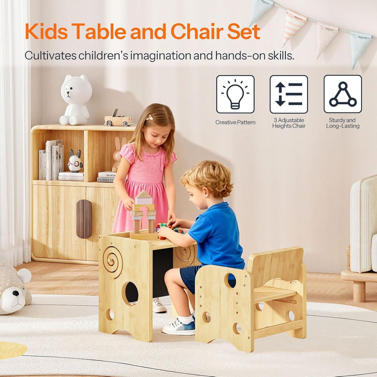 HOOBRO Kids Table and Chair Set, Bamboo Toddler Table and Chair Set with Chalkboard, 3 in 1 Kids Table and 1 Chair for Ages 1-3, 3-Height Adjustable Chair, for Reading Eating Playing Natural YB20KT01