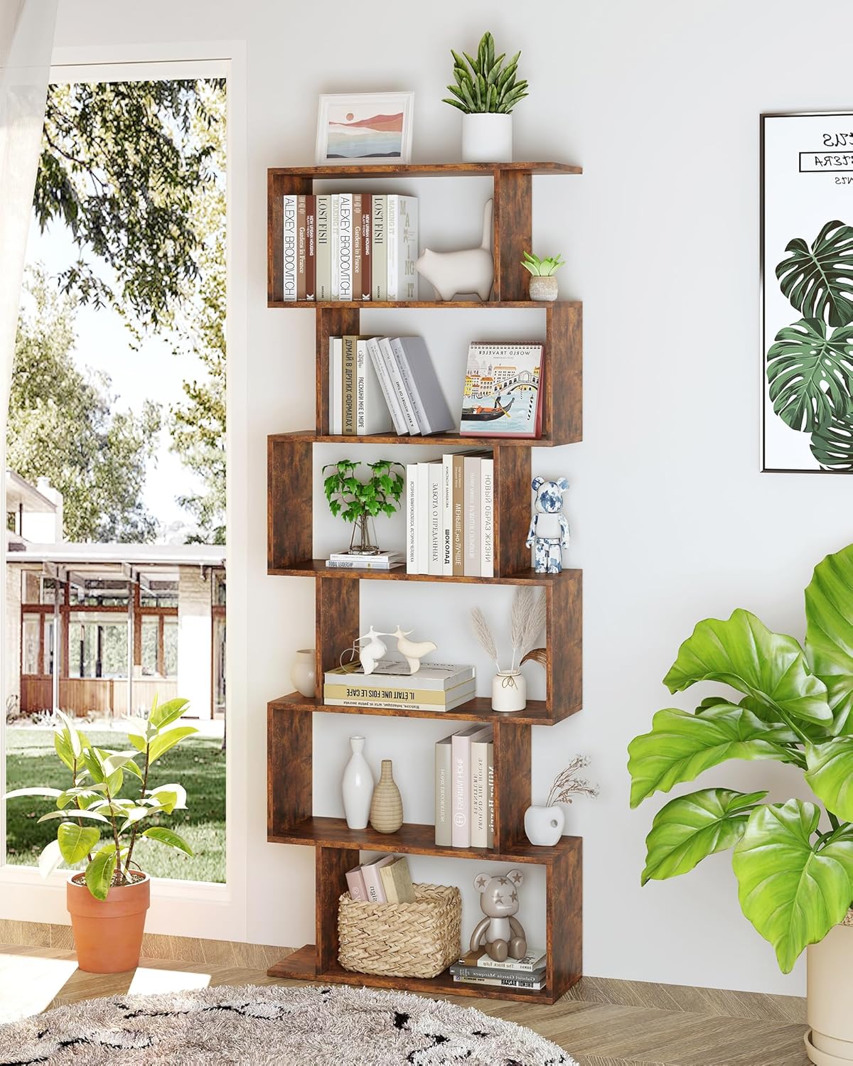 Yusong Geometric Bookcase, Bookshelf 6-Tier S Shaped Book Shelves for Bedroom, Modern Wood Decorative Display Shelf Tall Book Case for Home Office, Rustic Brown