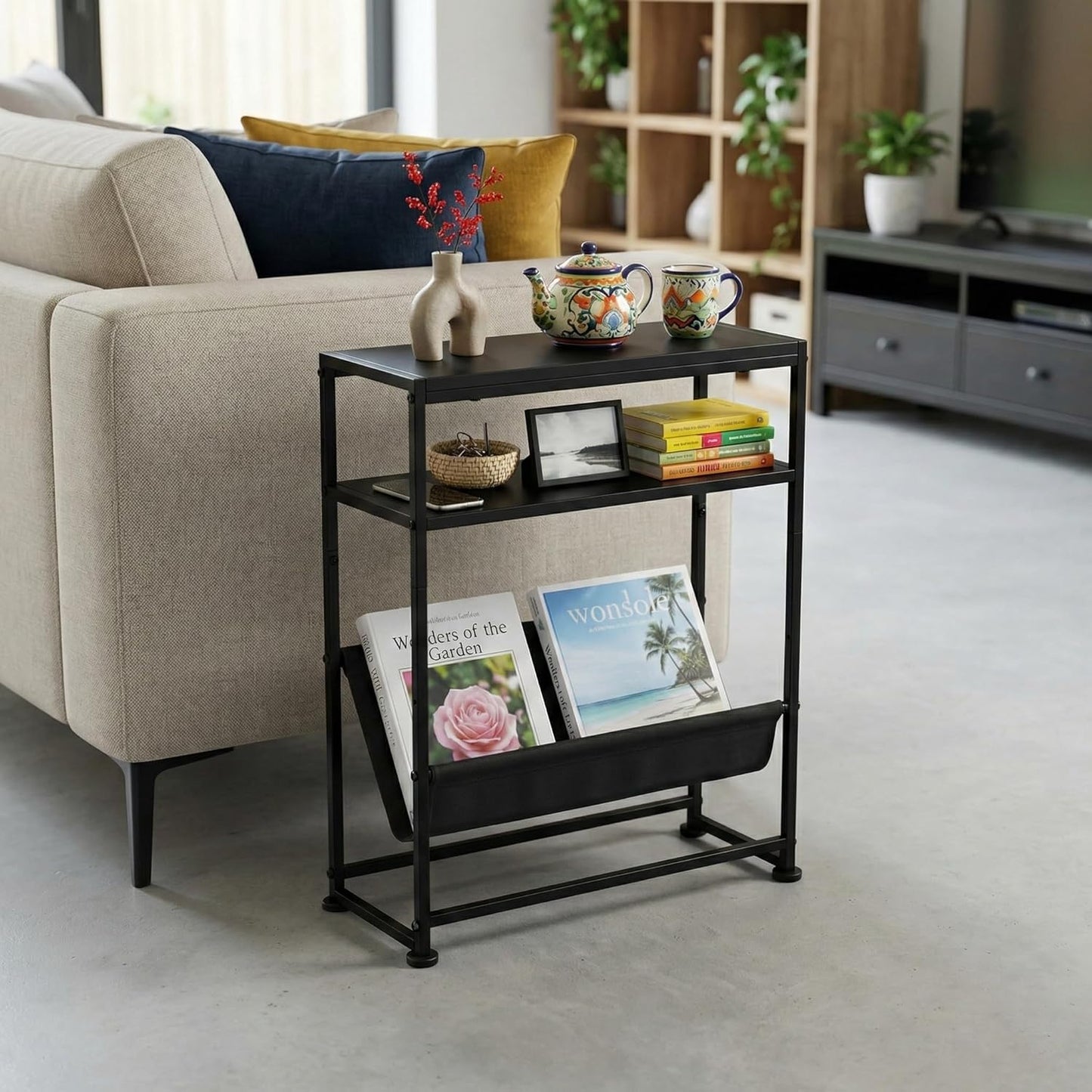 Narrow End Table for Small Spaces - Slim Side Table with Magazine Holder,2 in 1 Design Narrow Coffee Table Living Room,Skinny Bedroom Nightstand Thin Side Magazine Table,Black