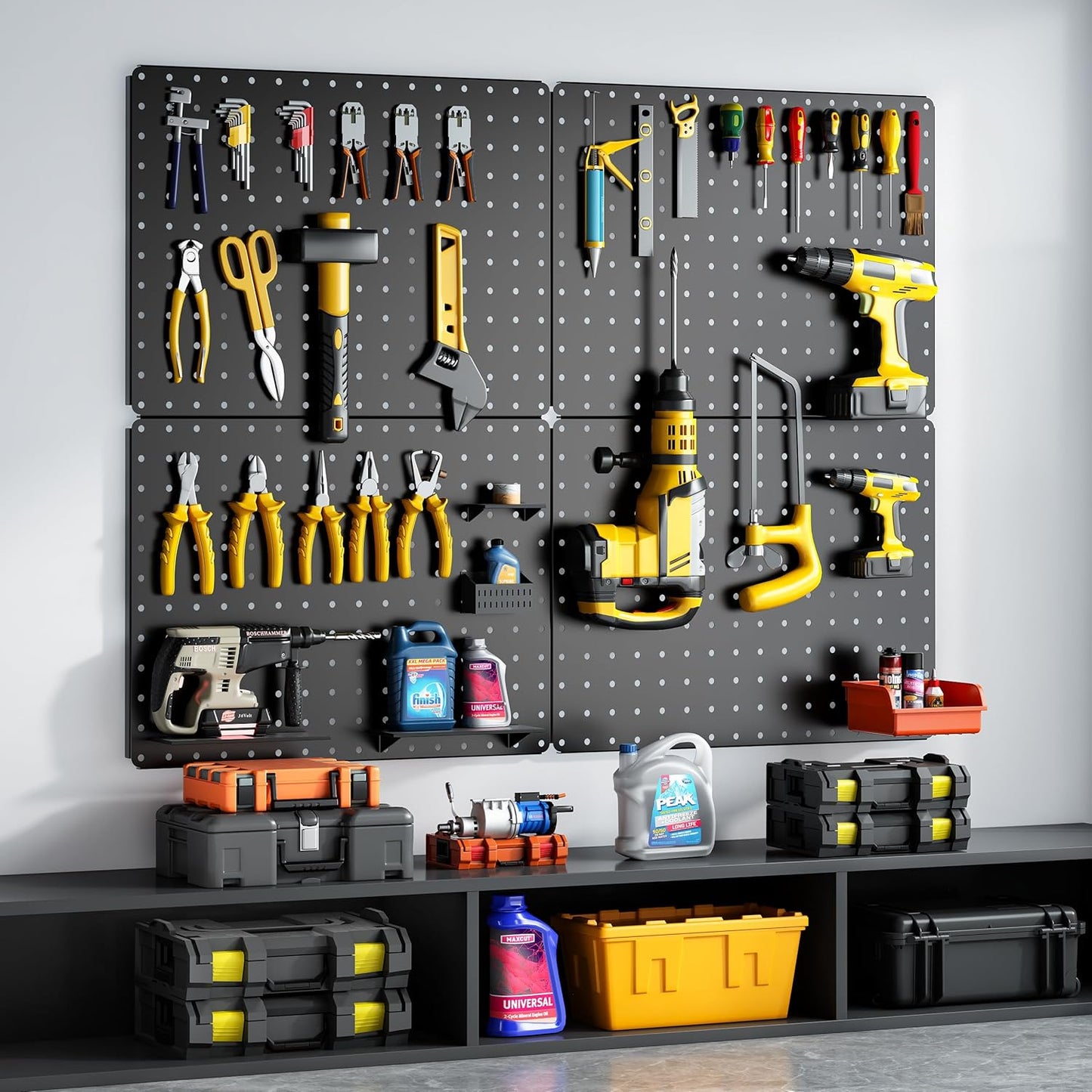 Peg Board, 110pcs Metal Pegboard Kit, Includes 4 Pack Black Peg Board Panels with Accessories and Hook Locks, Large Heavy Duty Peg Boards for Walls Home, Garage Tool Storage, Workbench