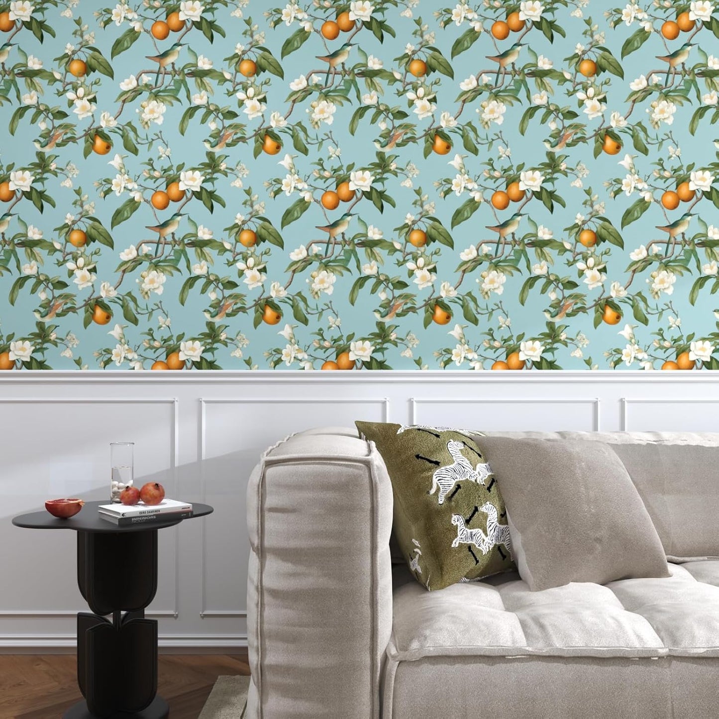 Blue Floral Wallpaper Peel and Stick, Vintage Bird Leaf Fruit Contact Paper, Self Adhesive Removable Retro Wall Mural Wall Paper for Room Walls Shelves Cabinet Table Decor 17.5" x 118"