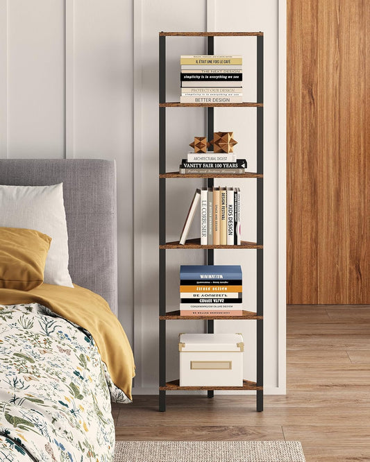 TUTOTAK Corner Shelf, 6-Tier Corner Bookshelf for Small Space, Narrow Display Corner Shelf Stand with Storage Rack, for Living Room, Bedroom, Rustic Brown BS05BB006