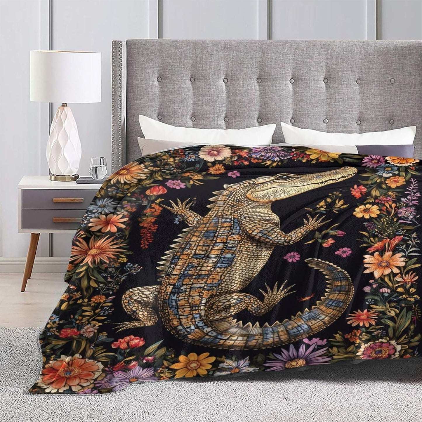 Alligator Blanket for Kids Men Adults, Soft Lightweight Flannel Animal Floral Alligator Throw Blanket for Sofa Couch Bed Traveling Camping Alligator Gifts Idea, Plush Alligator Decor 50x60 inches