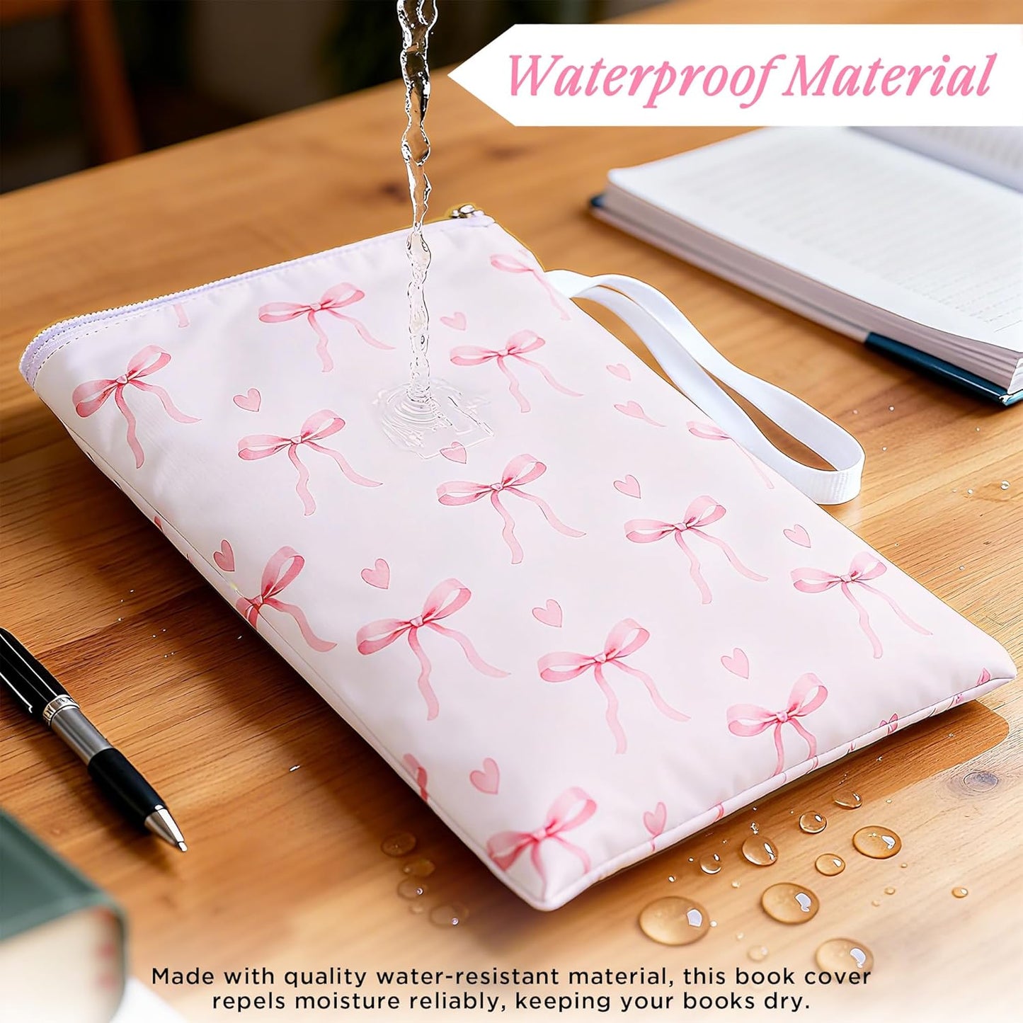 Book Sleeve with Zipper, 11''x 9'' Waterproof Paperback Sleeve for Book Lovers Books Pouch Cover with Handle for Hardcovers Kindle Sleeve for Reader Teacher Women (Light pink bow tie, 11x 9 inch)