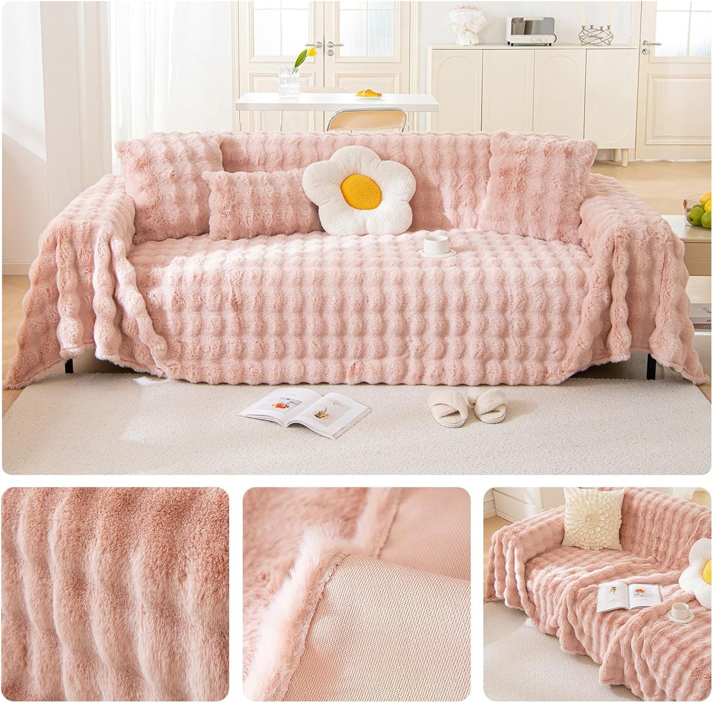 Pink Faux Fur 1 Piece Couch Cover Fluffy Sofa Slipcover Ultra Soft Universal Sofa Cover Cozy Sofa-Bed Throw Blanket Washable,71x134’’ for Dogs Pets Kids