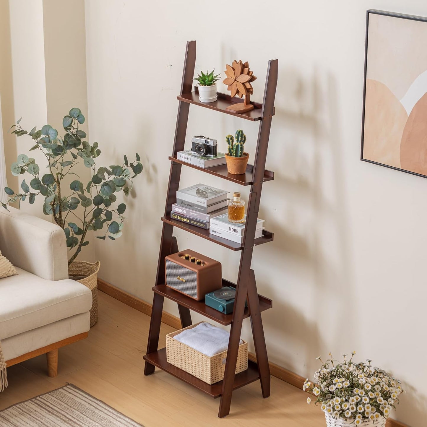 Maydear Bamboo Ladder Shelf Bookcase, 5-Tier Leaning Bookshelf Free Standing Organizer Storage Shelves for Living Room, Bedroom, Kitchen, Home Office, Balcony, Walnut