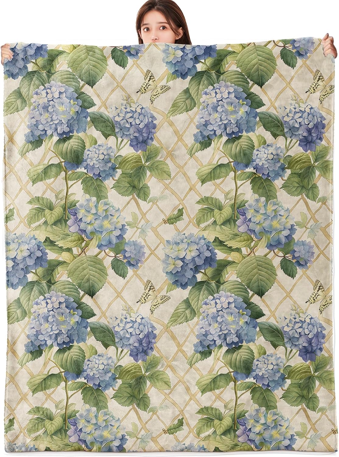 Hydrangea Garden Blanket Lightweight Flannel Blankets Gifts for Adults with Blue Flower Vines Butterfly and Trellis Printed Throw for Couch Chair Office Rv Bedroom Decor, 60x50inch
