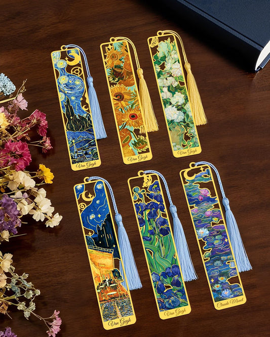 Metal Bookmarks with Tassel, Golden Van Gogh Monet Oil Painting Theme Cute Hollow Book Markers for Reading Women, Teachers, Students, Book Lovers, Reading Accessories Gifts for Book Lovers (6PCS)