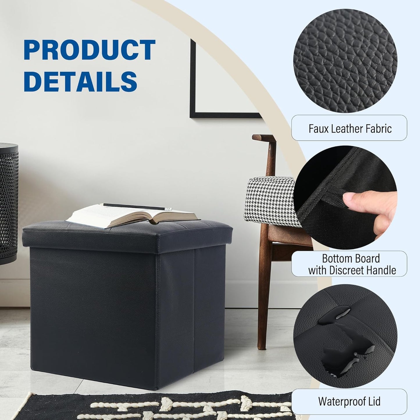 LotFancy Storage Ottoman, 2 Pack, Foldable Foot Rest Stool, 13x12x12 Inches Small Leather Bench with Storage, Holds up to 260 lb, for Living Room, Bedroom, Dorm, Black