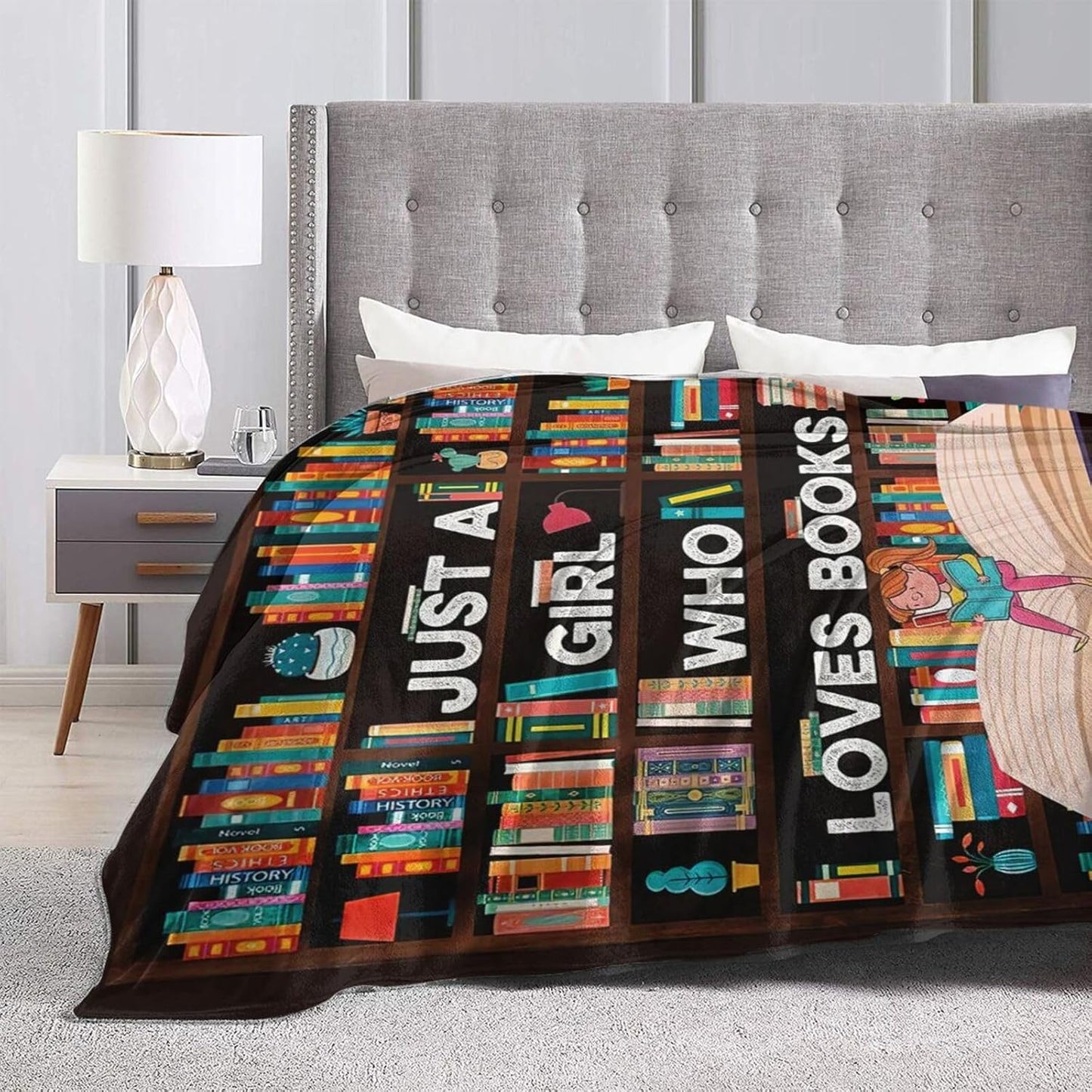 Book Blanket Just A Girl Who Loves Books Throw Blanket Stuff Decor Merch Cozy Flannel Soft Warm Plush Lightweight Bedding Gifts for Girl Woman Sofa Bedding Couch 50"X40"