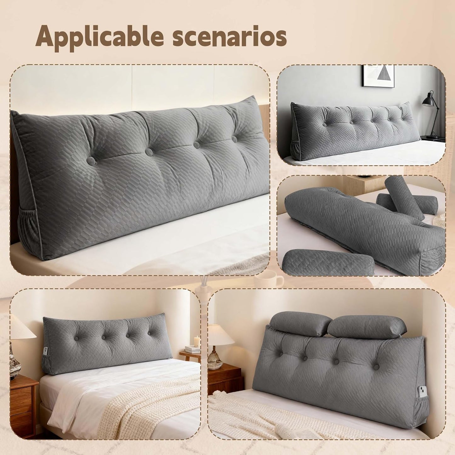 Headboard Pillow for Bed, Triangular Wedge Pillow Headboard, Reading Pillow with a Roll Pillow&Side Pockets, for Neck Lumbar Support, with Removabl fo Bed Dorm Sofa (Grey,Full 54in)