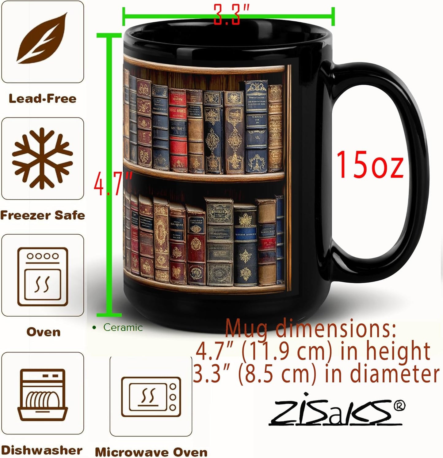 Book Mugs For Book Lovers: 15oz Capacaty, Made of Glossy Black Ceramic Perfect Reader Gifts, Bookshelf Design (Black, 15 oz B)