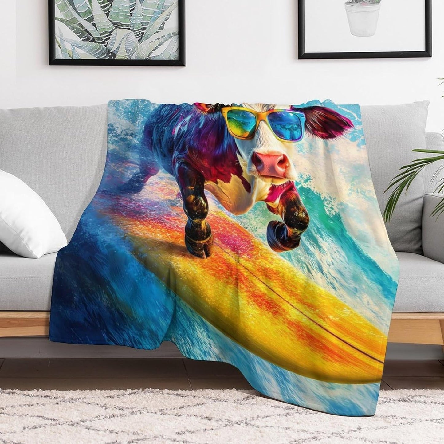 Funny Cow Ocean Surfing Throw Blanket for Couch Bed Plush Cozy Fuzzy Flannel Blanket for All Season 40"x50"