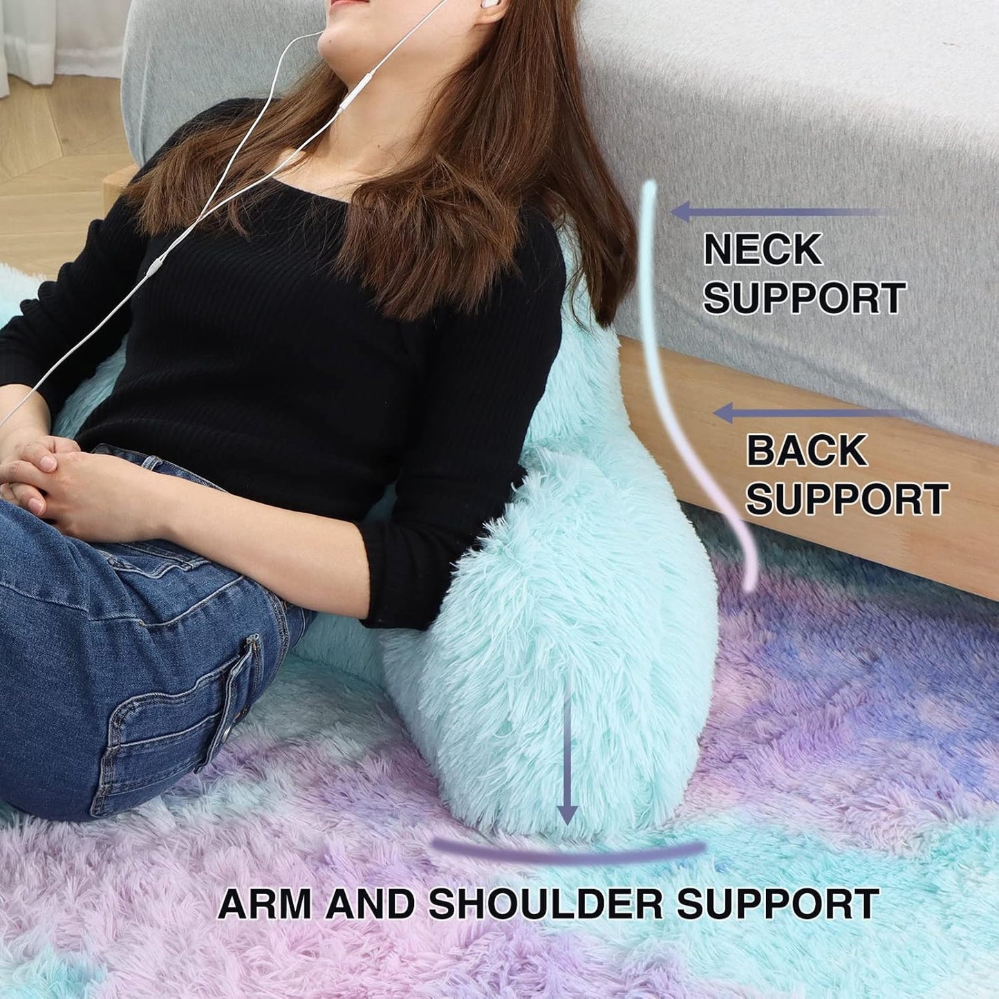 Reading Pillow with Arms — Large Faux Fur Wedge Backrest for Bed & Couch, Adults & Children (Ivory)