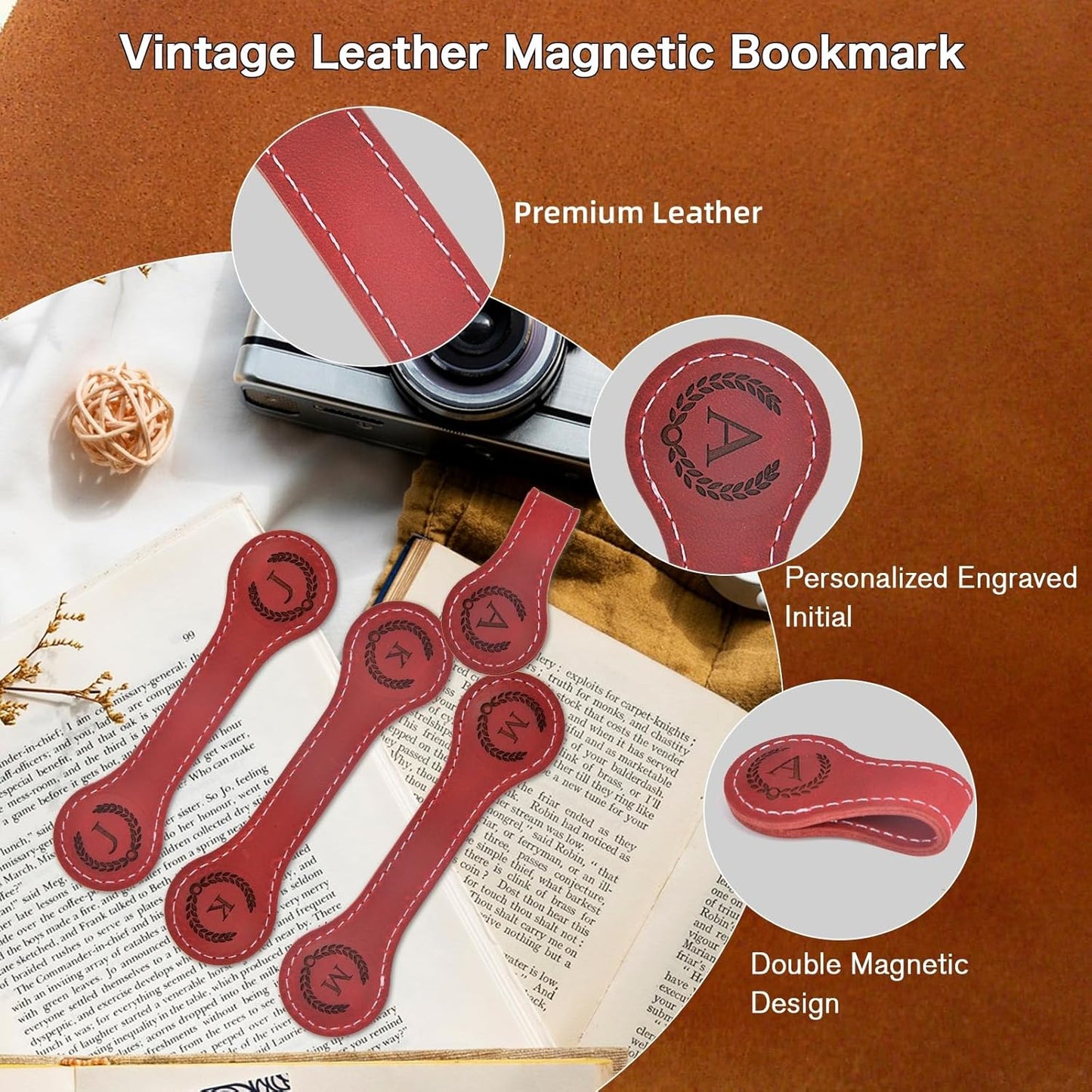 Nerien Personalized Magnetic Leather Bookmark, Engraved Letter Weighted Vintage Genuine Book Markers for Reading Women, Writers Poets Initial Gift for Book Lovers Reader Men Kids Boys Girls (J, Red)