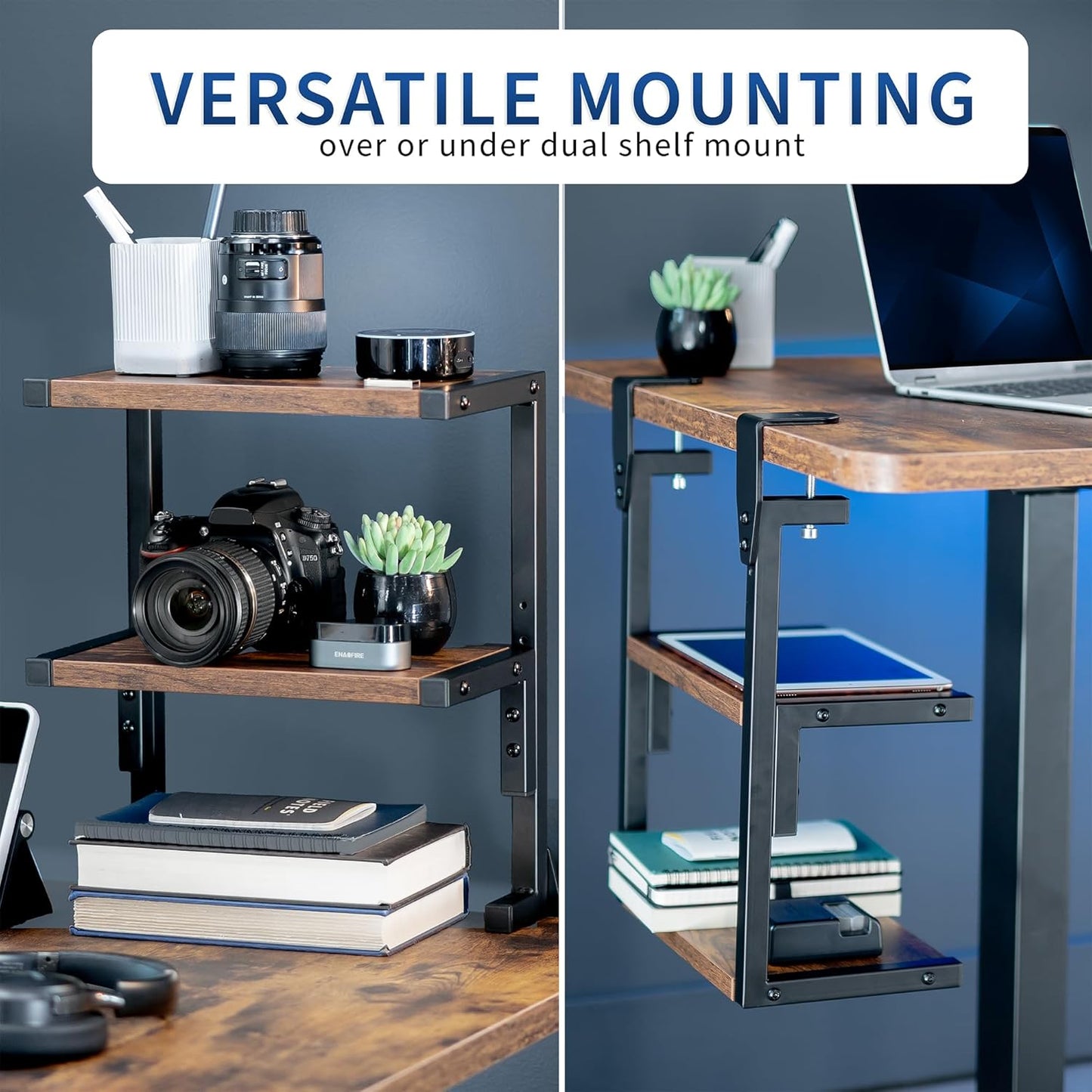 VIVO Clamp-on 13 inch Above or Below Desk 2-Tier Shelving Unit for Table Accessories, Gaming Devices, and More, Storage Tray, Desktop Organizer, Rustic Vintage Brown, STAND-SHELF2C-N