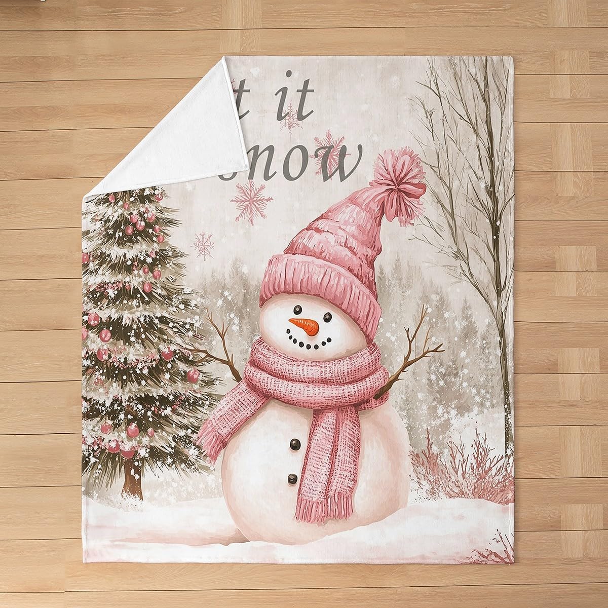 Cute Winter Snowman Flannel Blanket for Kids Adults,Merry Christmas Tree Farmhouse Style Flannel Fleece Blanket Throw 50"x60",Pink Scarf Botanical Trees Bedroom Decor Bed Sofa Couch Blankets