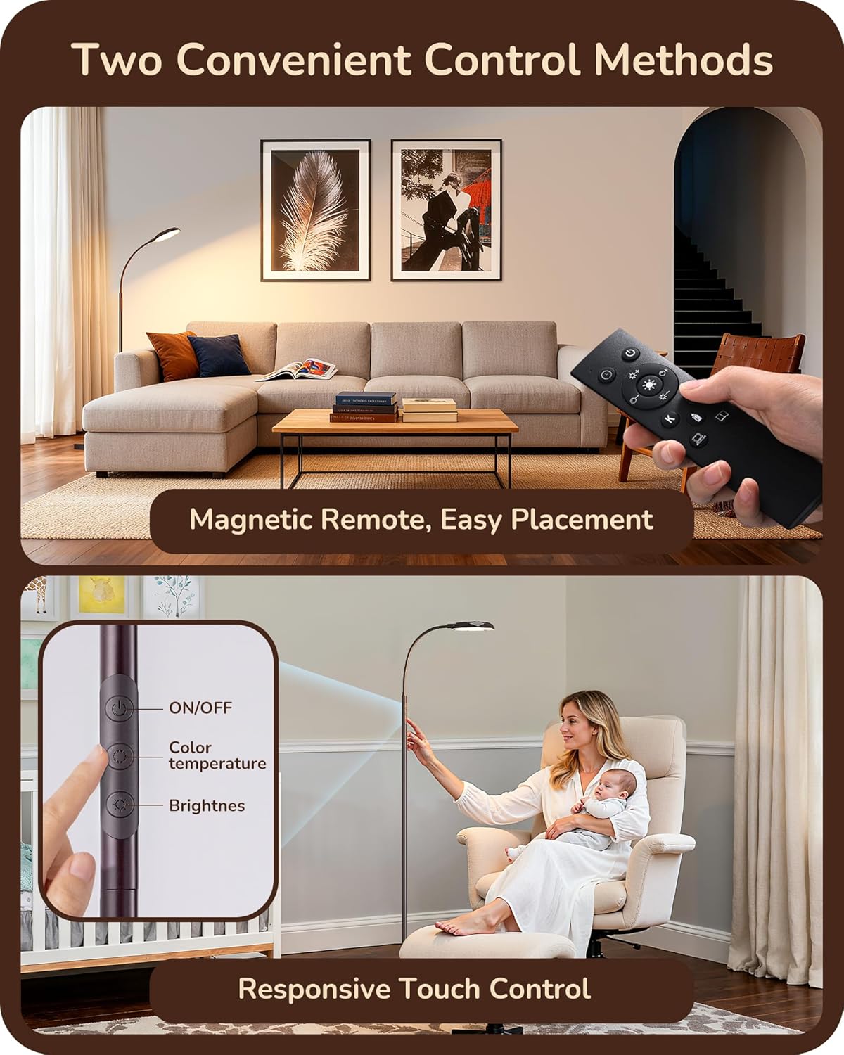 EDISHINE Modern LED Floor Lamp, 1300LM Bright Floor Lamps for Living Room, 4 Color Temperature Dimmable Reading Lamp, Remote & Touch Control, 2 Timer, Adjustable Gooseneck for Bedroom Office Brown