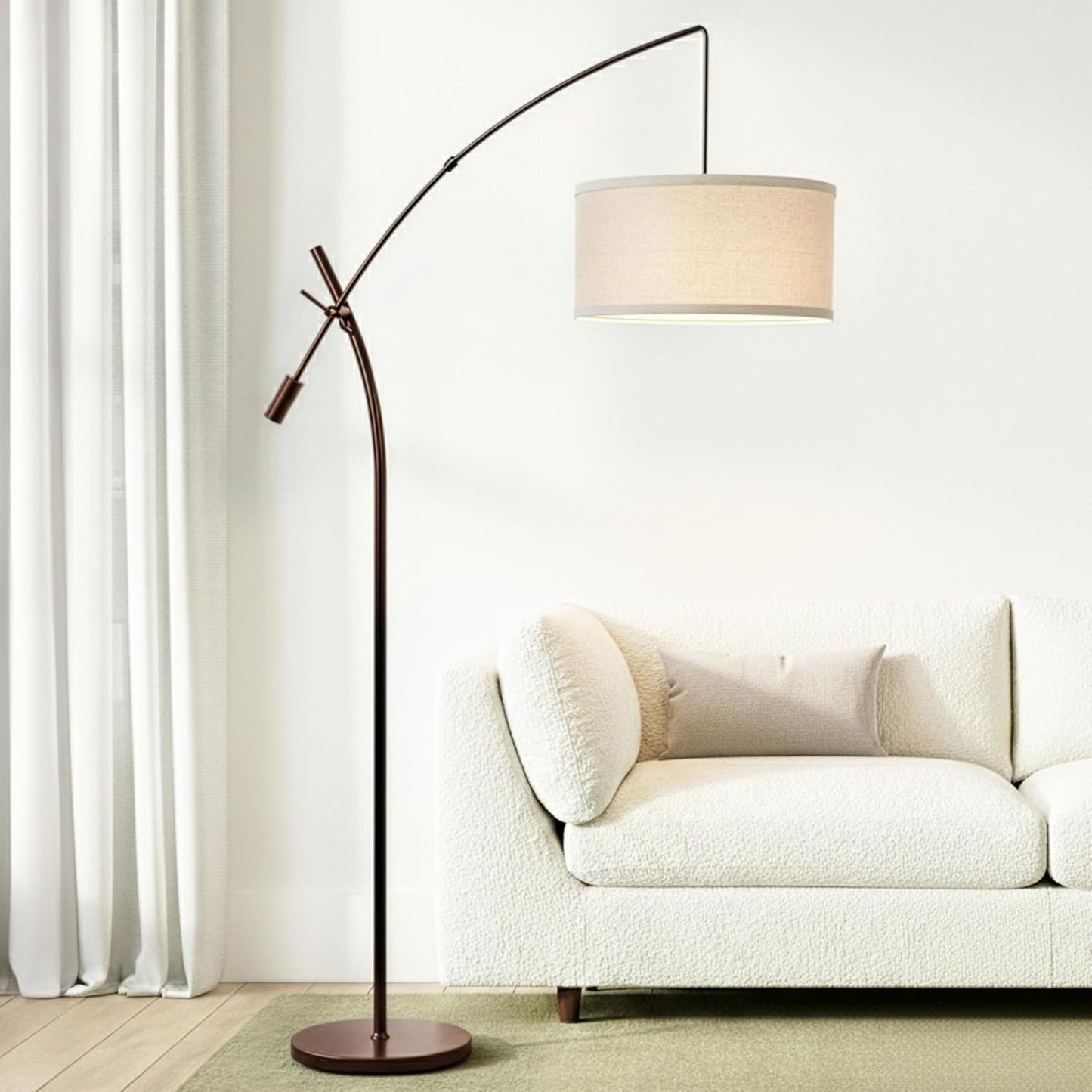Brightech Grayson LED Floor Lamp, Modern Arc Lamp with Linen Shade for Office & Living Room, Tall, Height Adjustable Industrial Standing Lamp for Bedroom Reading, Over The Sofa - Bronze