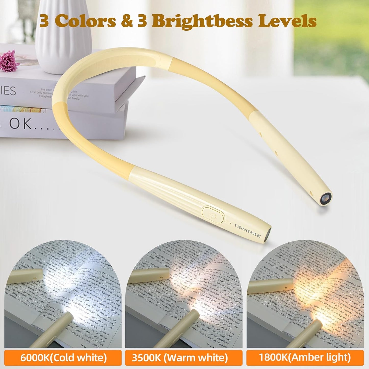 Upgraded Book Light, Neck Reading Lamp,USB Rechargeable, 3 Colors & 3 Brightness Adjustable, Auto-Off Timer, Neck Light for Reading in Bed, Long Lasting, Perfect for Repairing, Knitting.