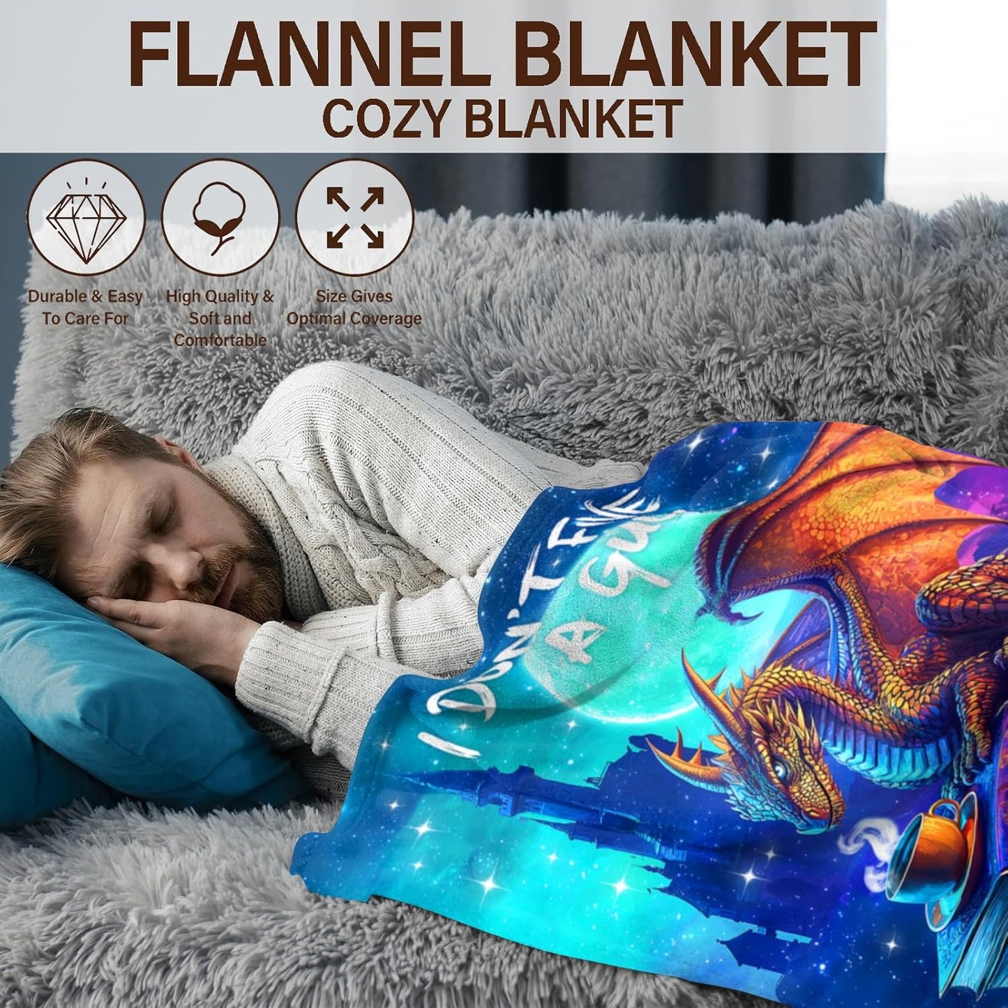 Moonlit Dragon Throw Blanket for Fantasy Lovers - 50x60 Inch Soft & Humorous Fleece with I Don't Five A Guck Design, Cozy Blanket for Couch, Gaming Chairs, Reading Nooks, and Bed Relaxation