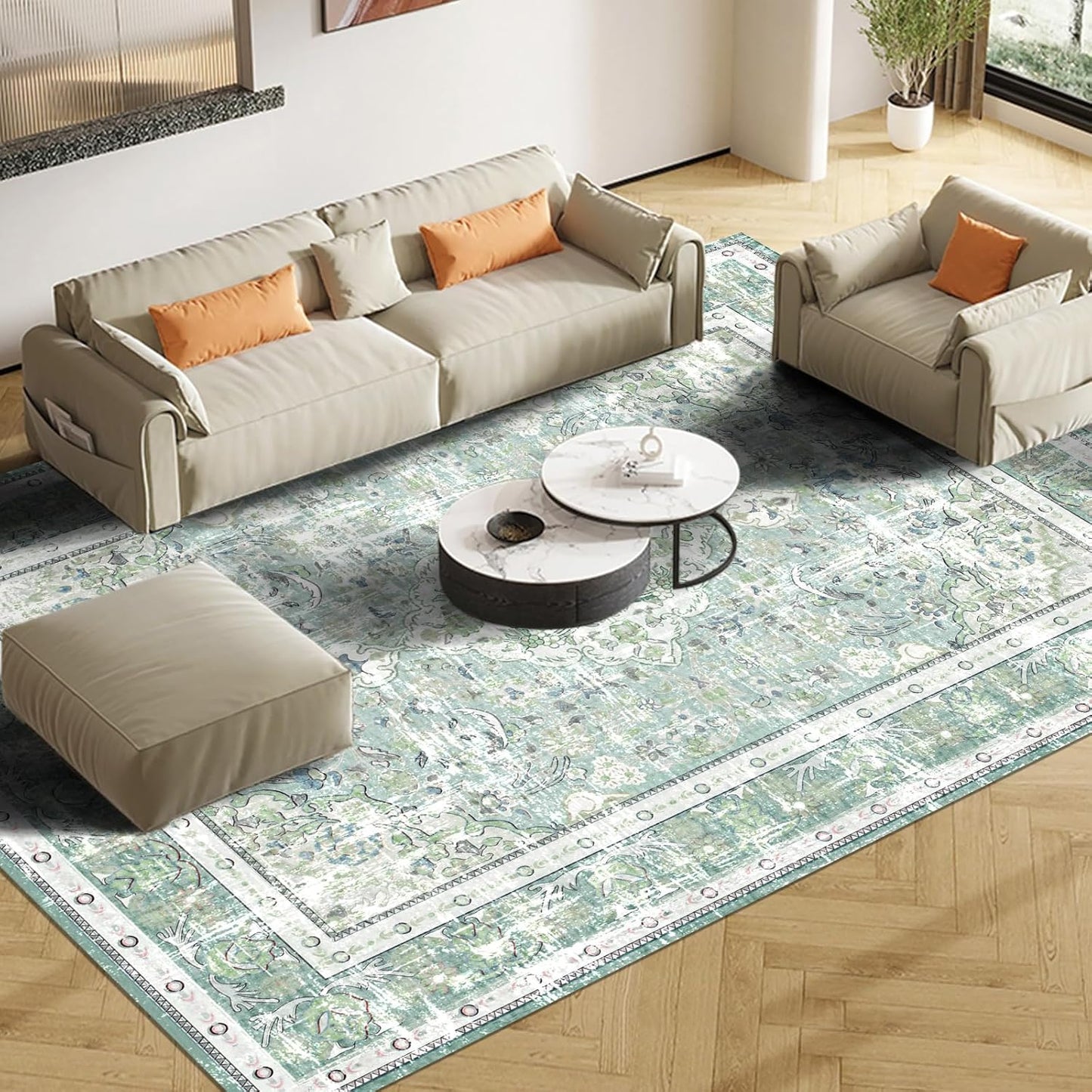 Vhong Boho Area Rugs Vintage Washable Modern Neutral Large Carpet Sage Green 8×10 High Traffic Rugs for Dinning Room Living Room Bedroom Farmhouse Non Slip