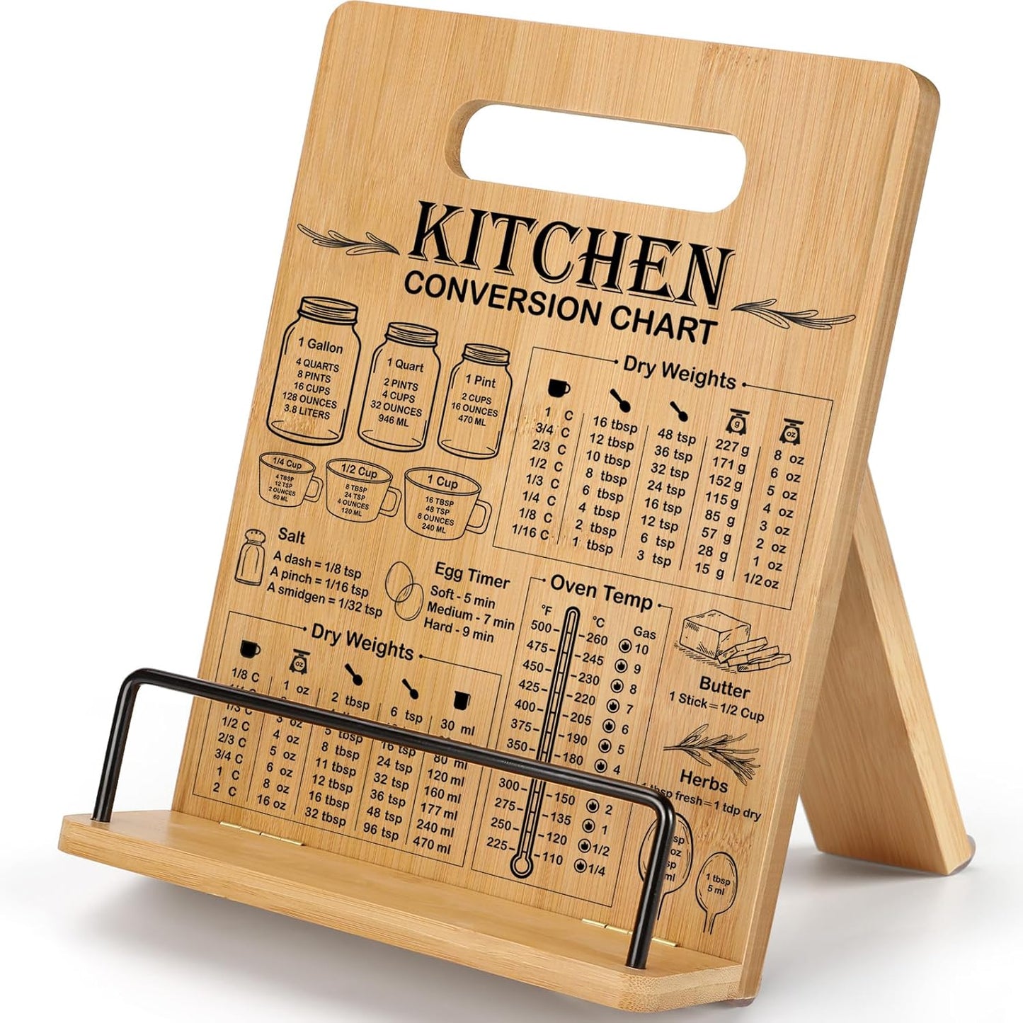 Bamboo Cookbook Stand for Kitchen Counter, Recipe Book Holder with Measurement Conversion Chart, Adjustable Cookbook Holder, Essential Accessories Women Gifts for Easter Birthday Mothers Day